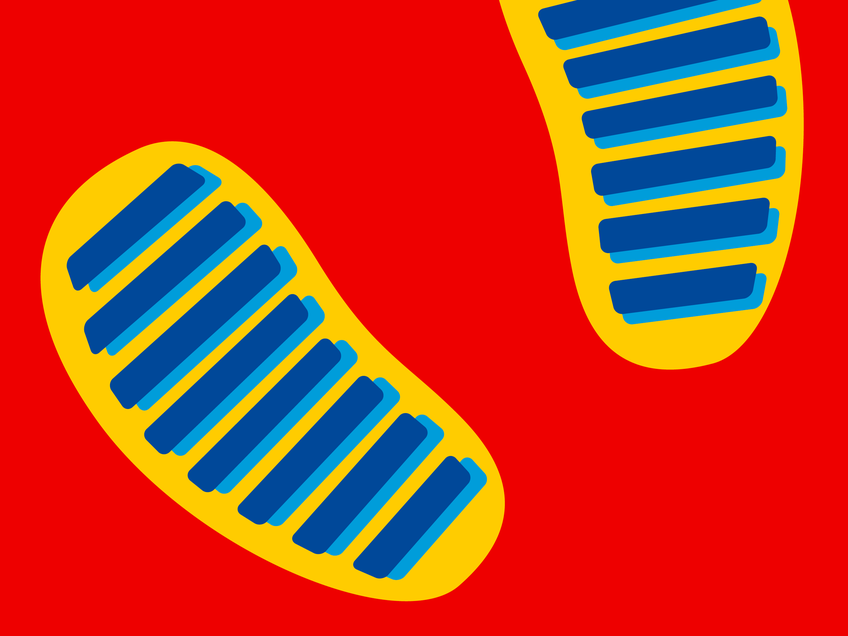 Illustration zweier Schuhsohlen auf rotem Hintergrund.