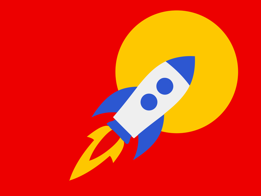 Illustration einer startenden Rakete vor einem Mond auf rotem Hintergrund