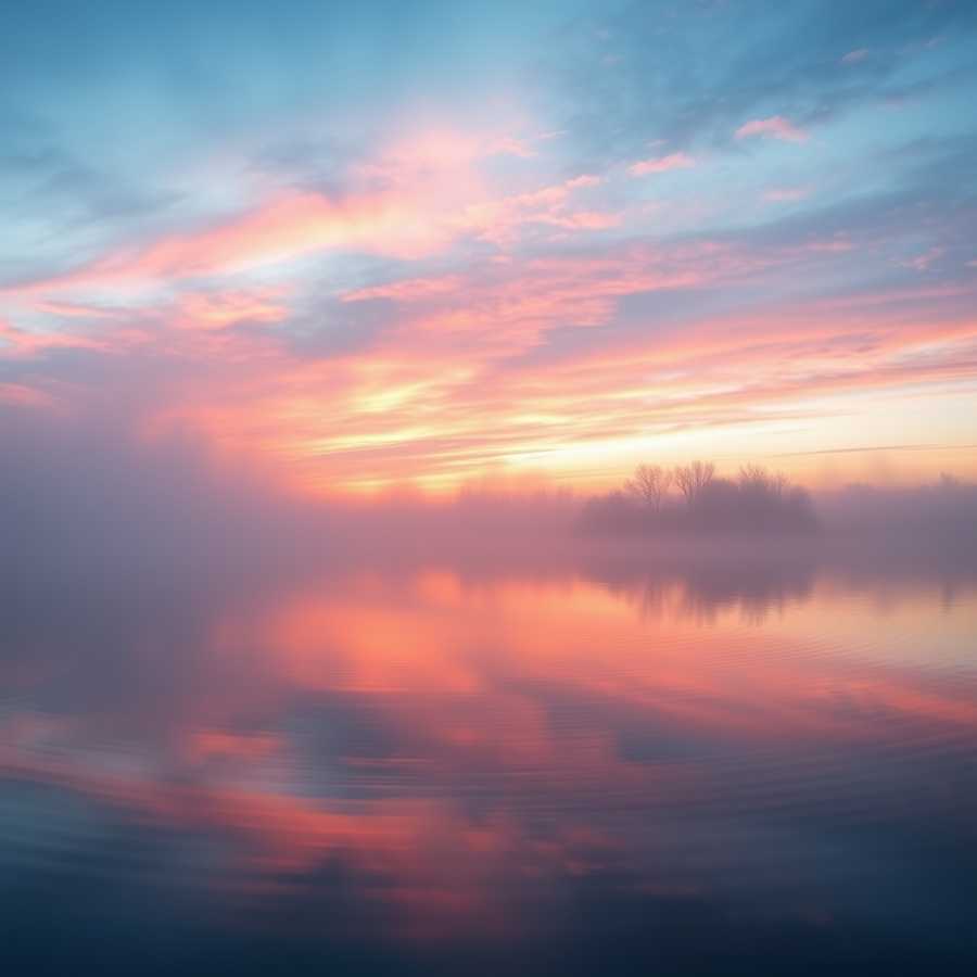 A serene landscape of a misty lake on a still morning, with the gentle ripples of the water reflecting the vibrant hues of a sunrise sky, symbolizing contemplation and introspection.