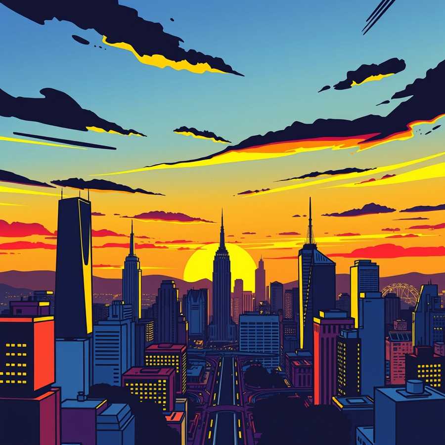 A vibrant, stylized illustration of a cityscape at sunset, with bold lines and bright colors to convey the energy and excitement of the subject matter.