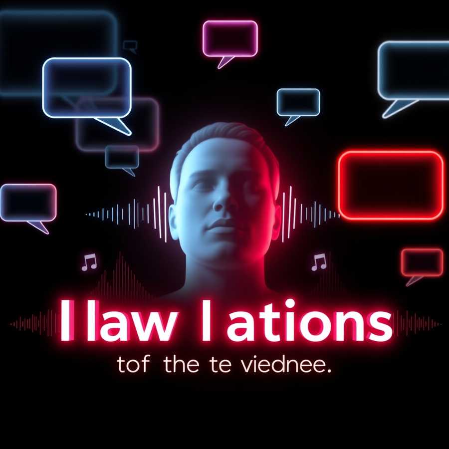 A sleek, cinematic composition of glowing speech bubbles, dynamic subtitles, and floating typography hovering around a soft-focus silhouette of a speaker, with translucent audio waveforms weaving through the text; rendered in a high-contrast, modern graphic design style with neon accents against a dark background.
