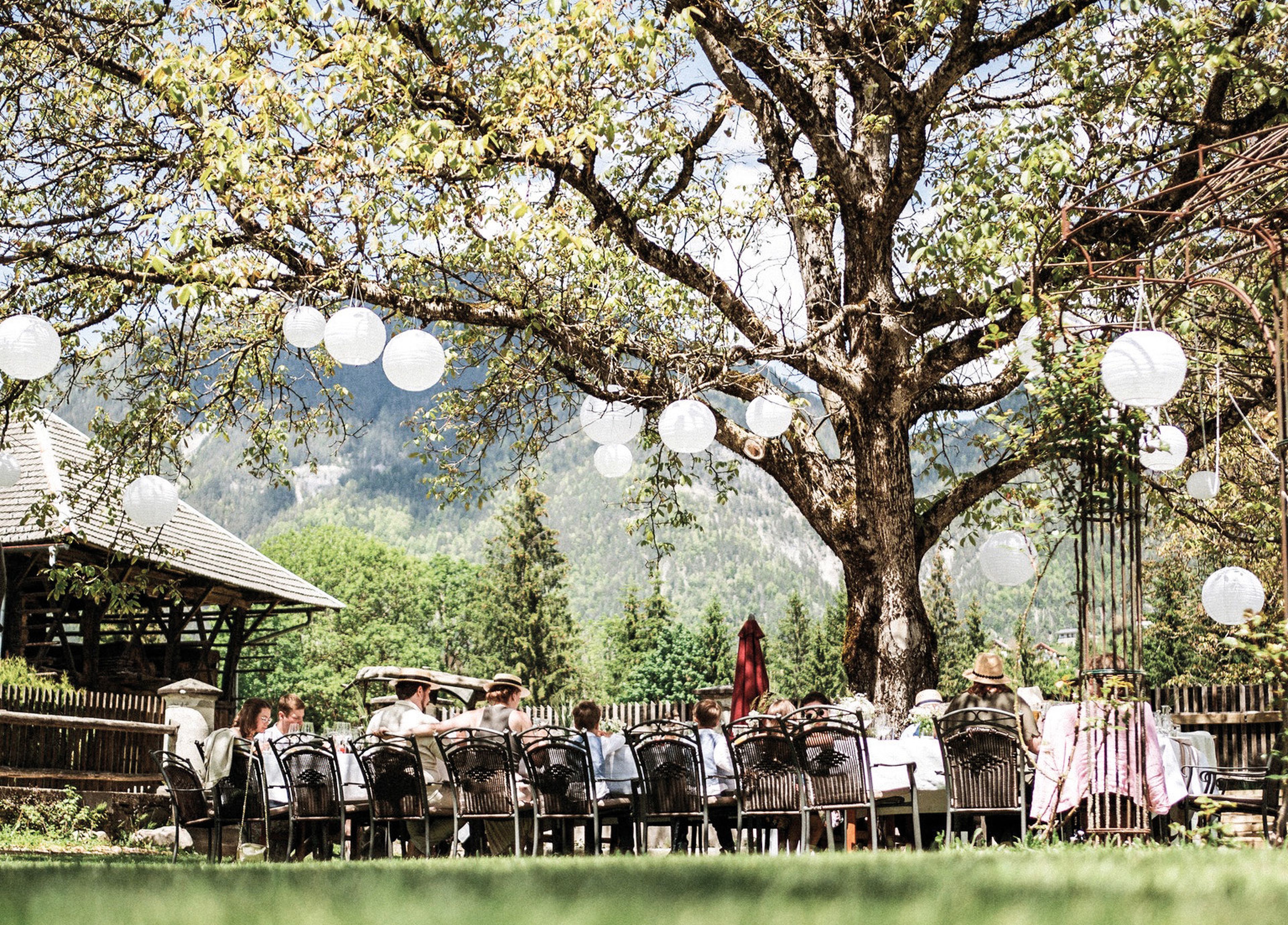 Menschen sitzen an einem langen Tisch im Garten des Schloss Lerchenhof unter einem großen Baum, umgeben von weißen Lampions, mit Bergen im Hintergrund.