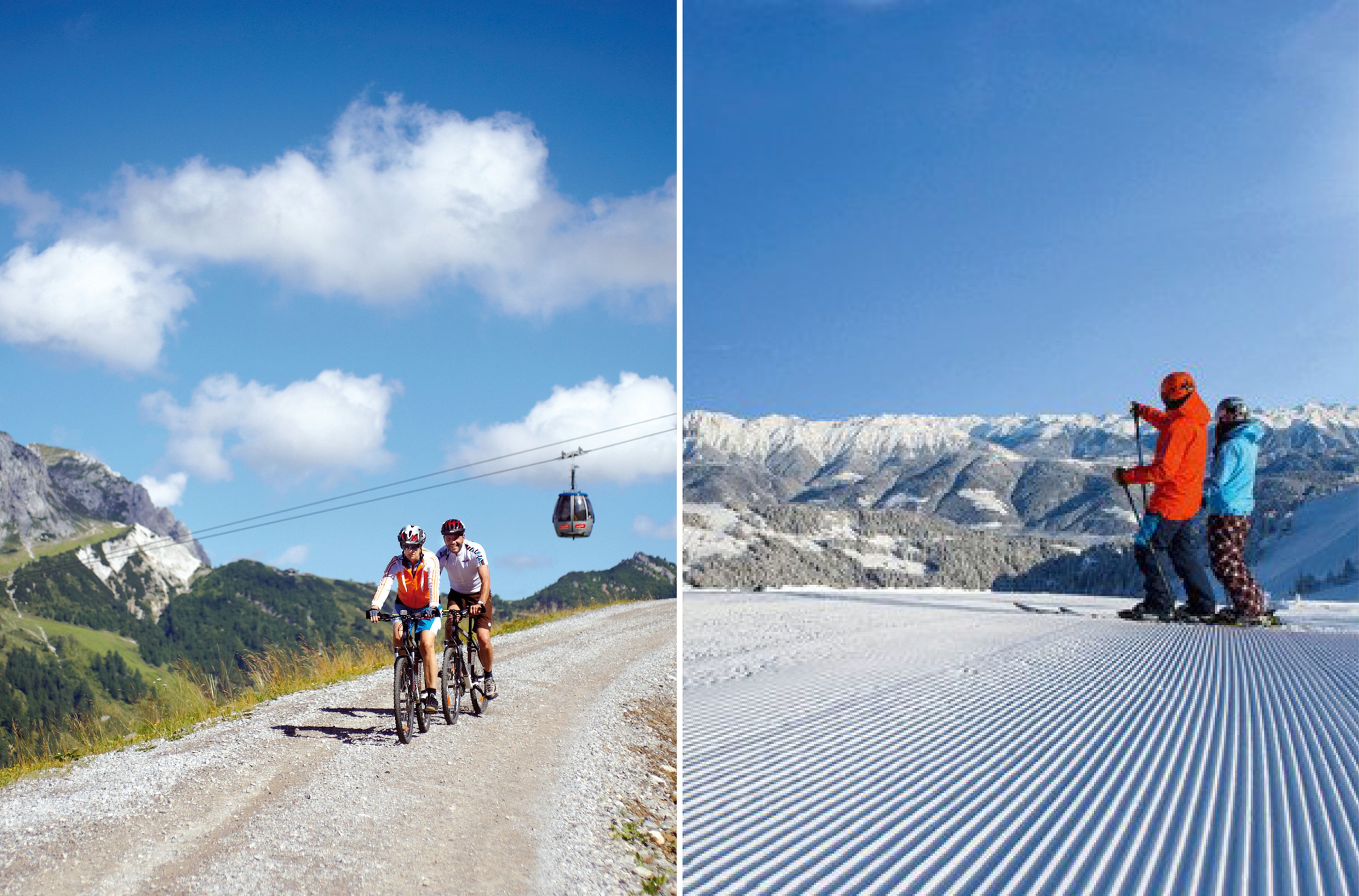 Geteiltes Bild: Links sind Radfahrer auf einer Bergstrecke unter blauem Himmel zu sehen, rechts Skifahrer auf einer verschneiten Piste mit Bergen im Hintergrund.