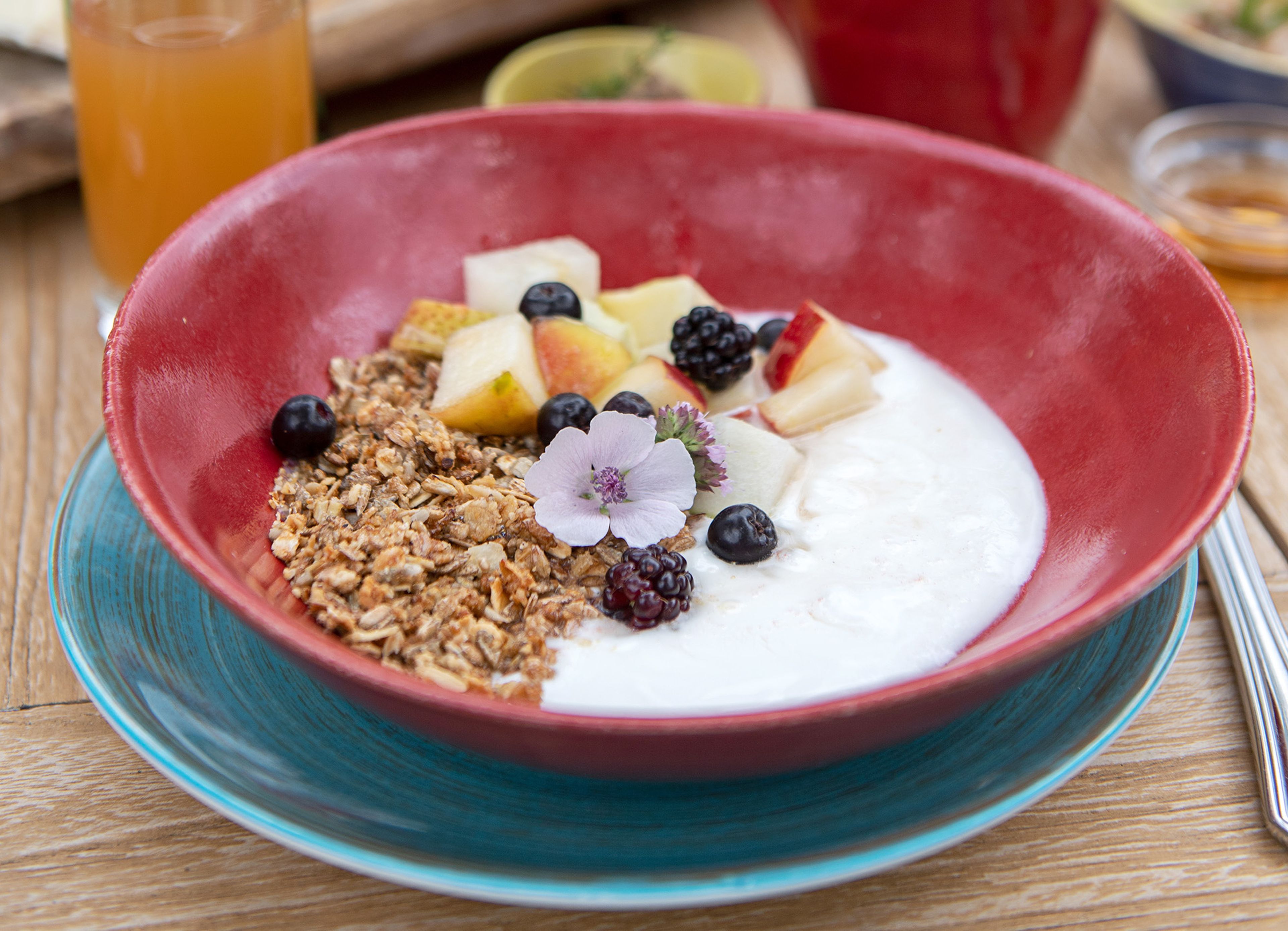 Eine rote Schüssel mit Joghurt, Müsli, gemischten Früchten und einer Blumengarnitur, platziert auf einem blauen Teller mit einem Glas Saft im Hintergrund.