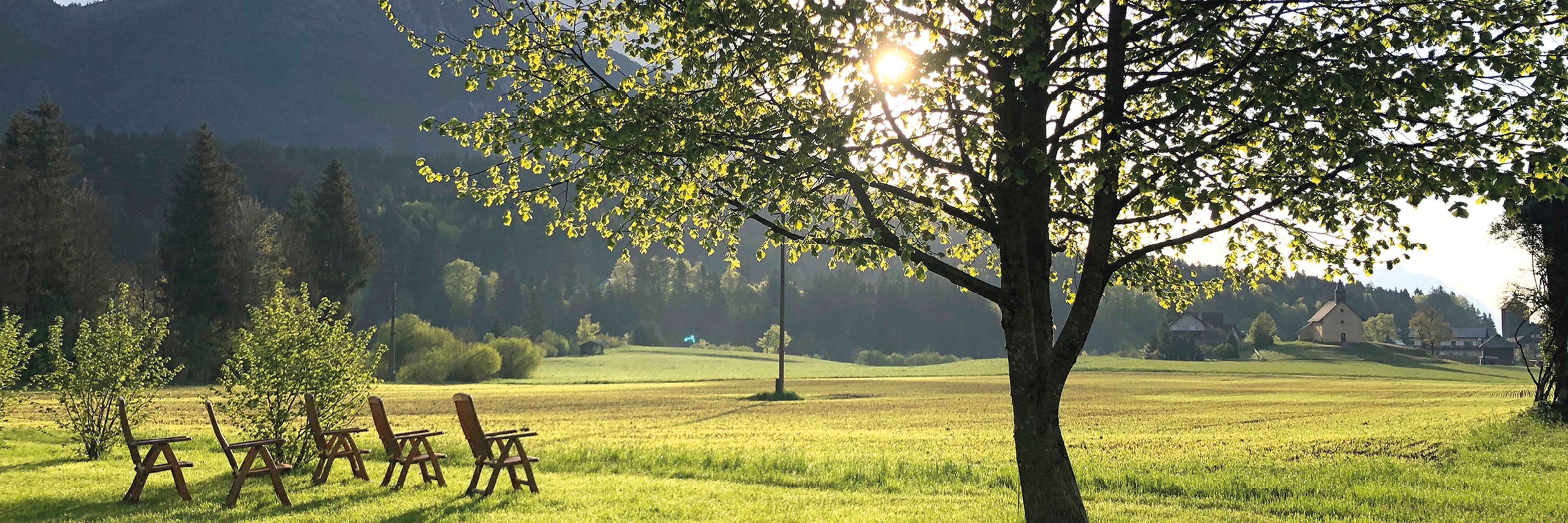 Sonnenbeschienene Wiese mit Holzstühlen unter einem Baum, Berge im Hintergrund und ein Haus in der Ferne.