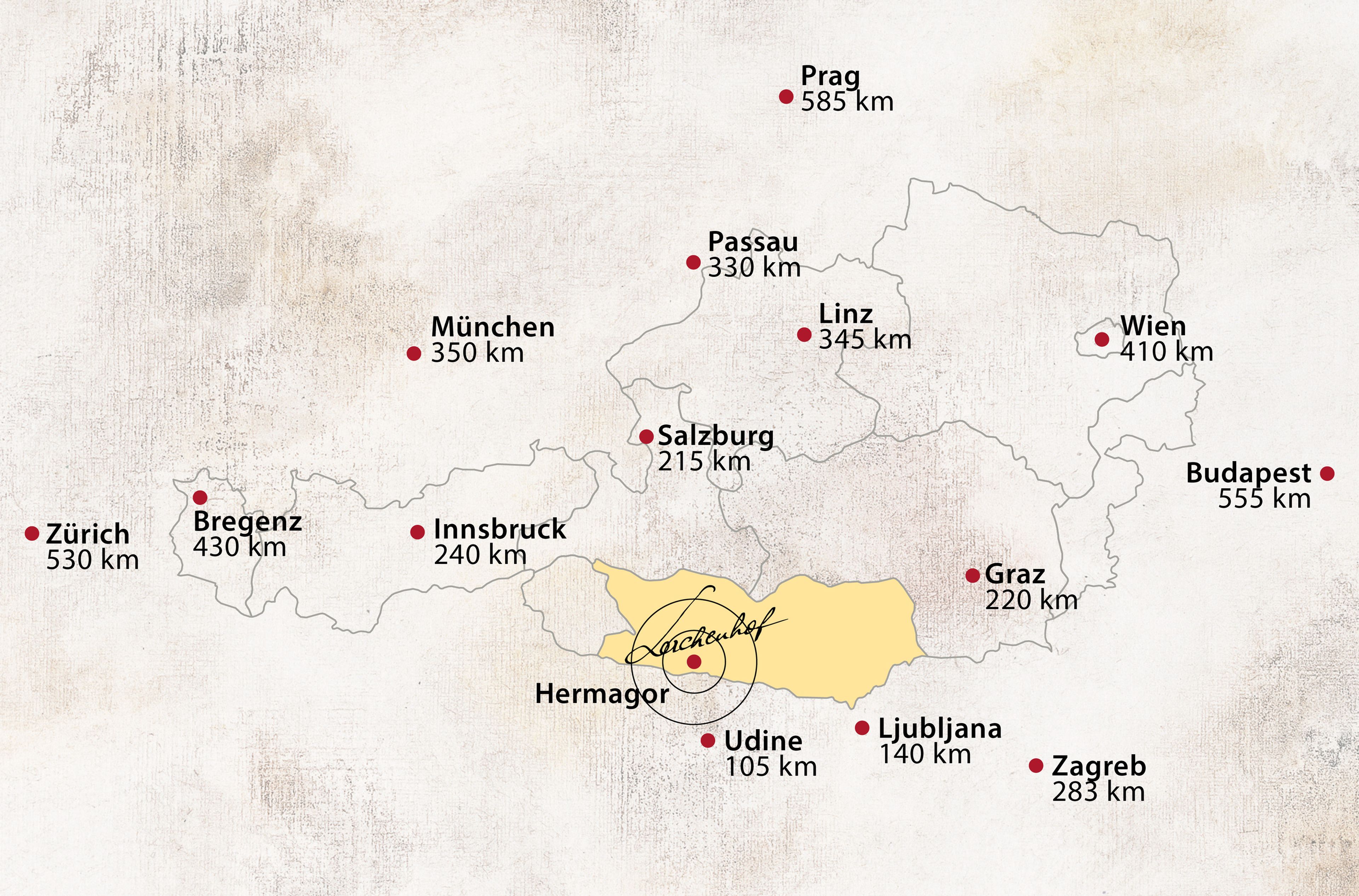 Karte mit Markierung von Schloss Lerchenhof, Österreich, mit Entfernungen zu nahe gelegenen Städten wie München (350 km), Wien (410 km) und Zagreb (283 km).