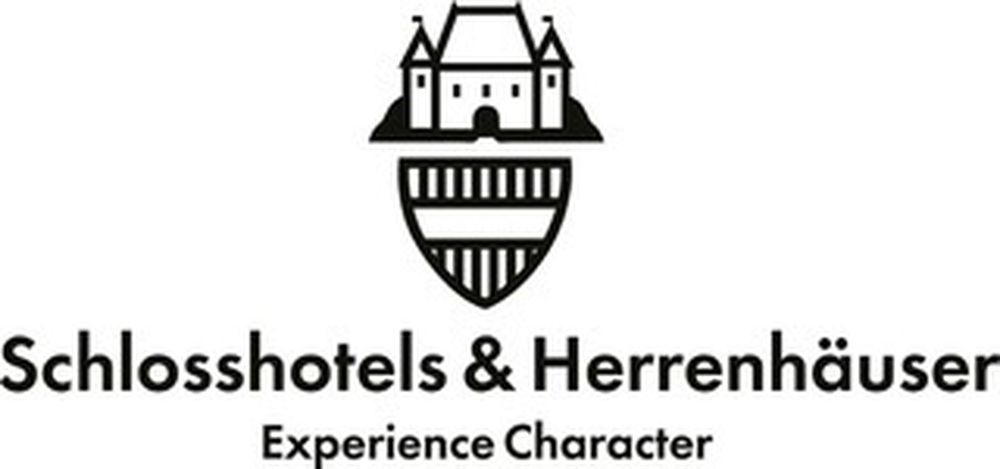 Logo of Schlosshotels & Herrenhäuser featuring a castle above a striped shield, with the text "Experience Character" below.