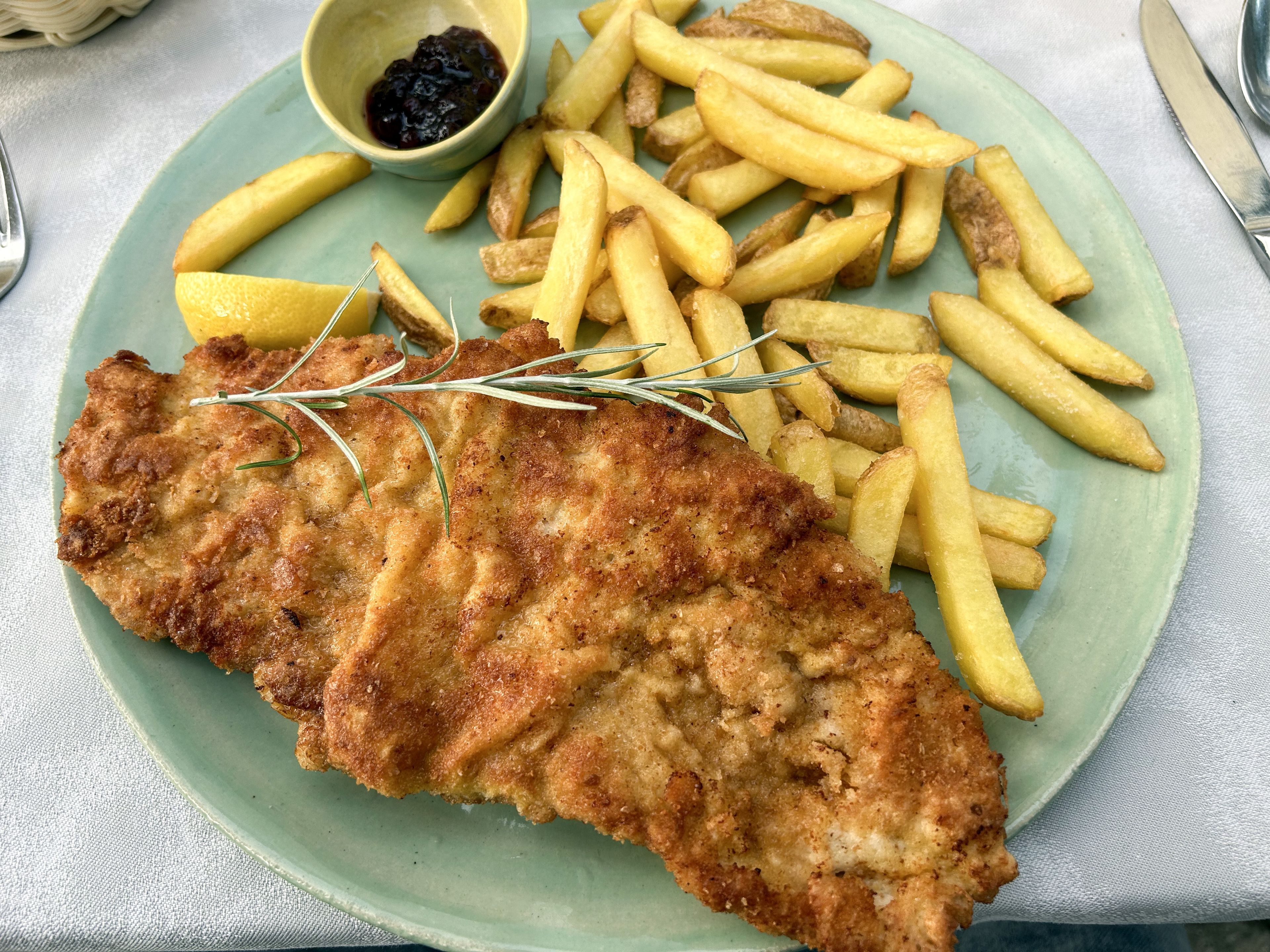 A plate with breaded schnitzel, golden fries, a lemon wedge, and a small bowl of dark sauce, garnished with rosemary.