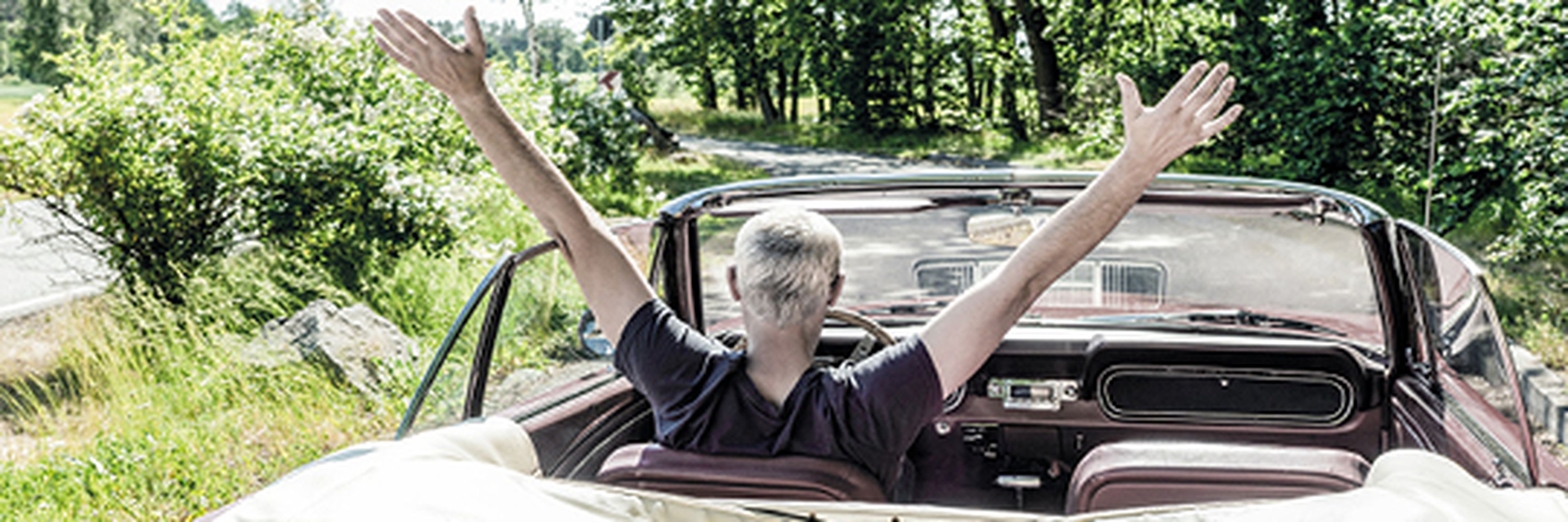 Person mit erhobenen Armen fährt an einem sonnigen Tag freudig ein Oldtimer-Cabrio, umgeben von üppigem Grün.
