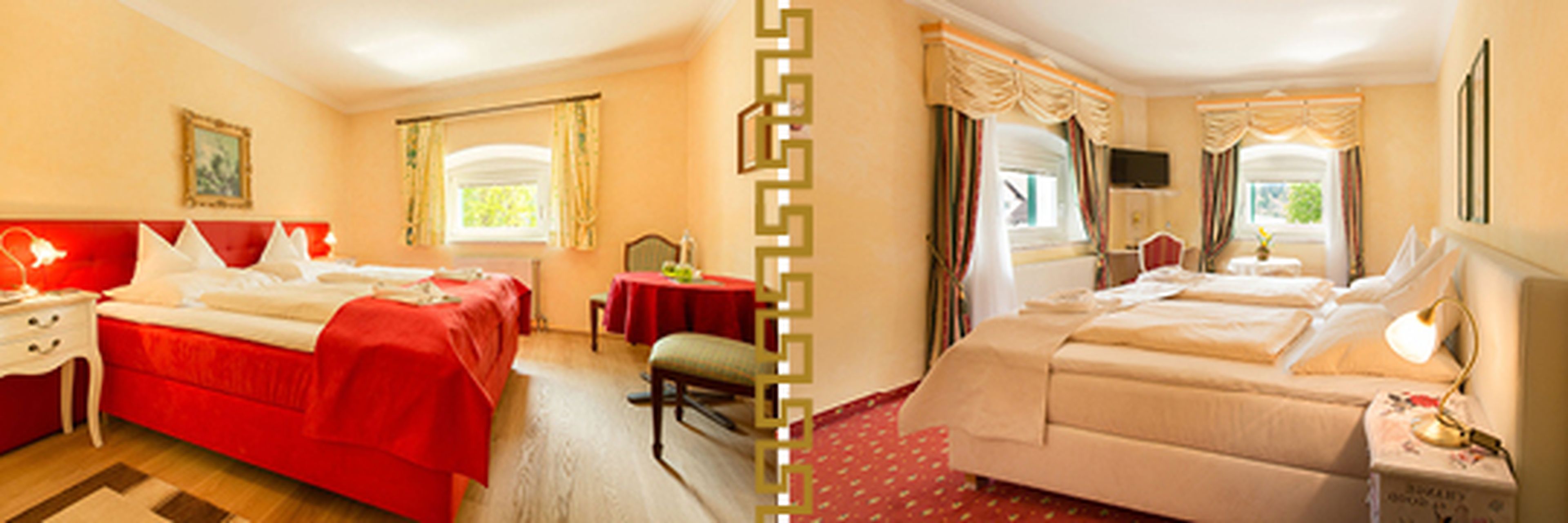 Two hotel rooms side by side; one with red accents and a small table, the other with cream tones and a wall-mounted TV.