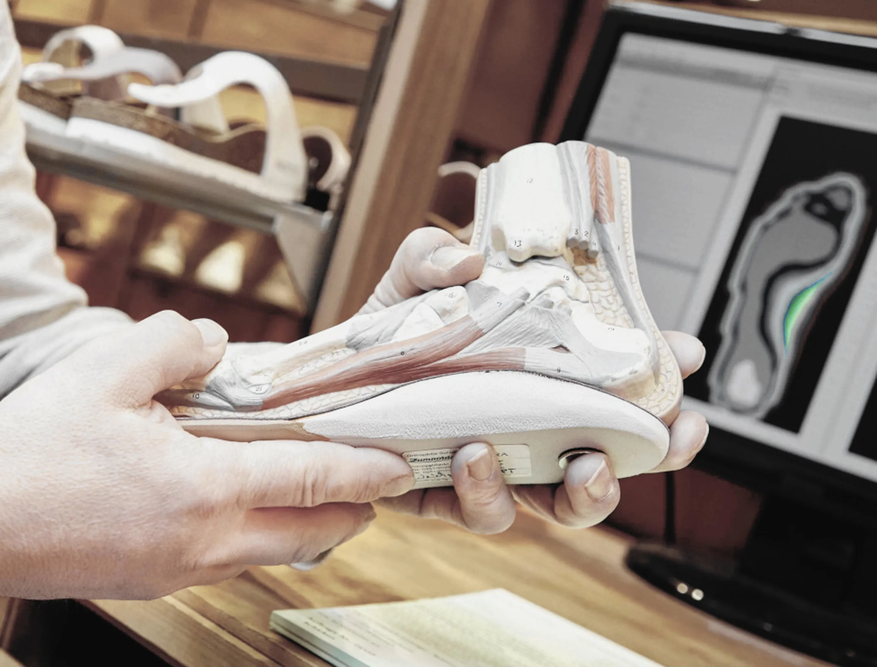 Person holding a detailed anatomical foot model, with a computer displaying a foot scan in the background.