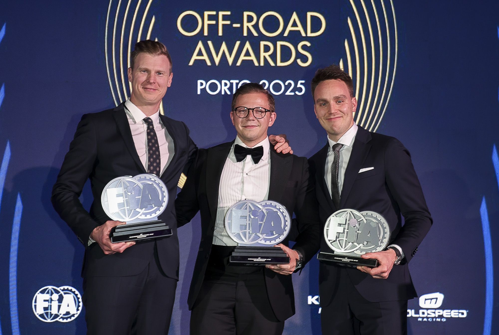 [L-R] Johan Kristoffersson, Nils Andersson and Ole Christian Veiby from Kristoffersson Motorsport at the 2025 FIA Off-Road Awards ceremony in Portugal