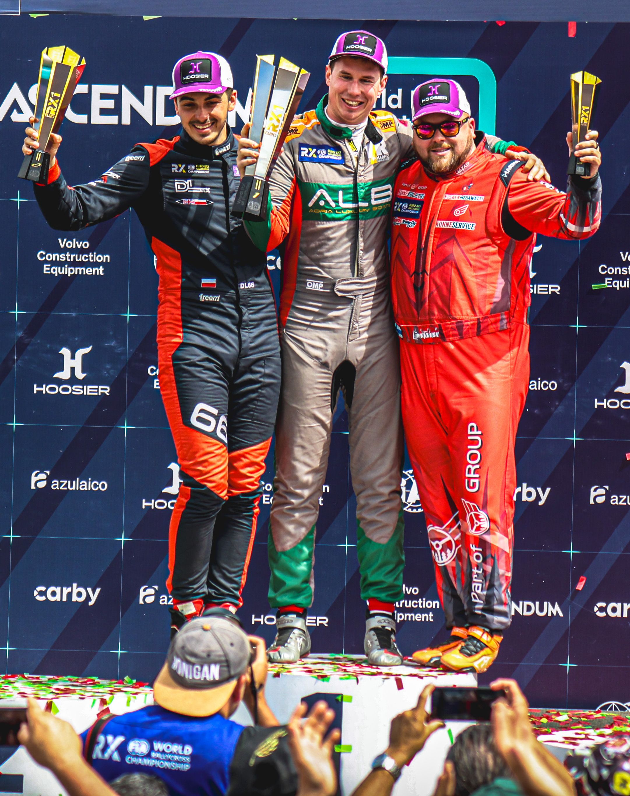 [L-R] Euro RX1 podium-finishers Damian Litwinowicz, Yury Belevskiy and Mika Liimatainen at Lousada in Portugal in 2025