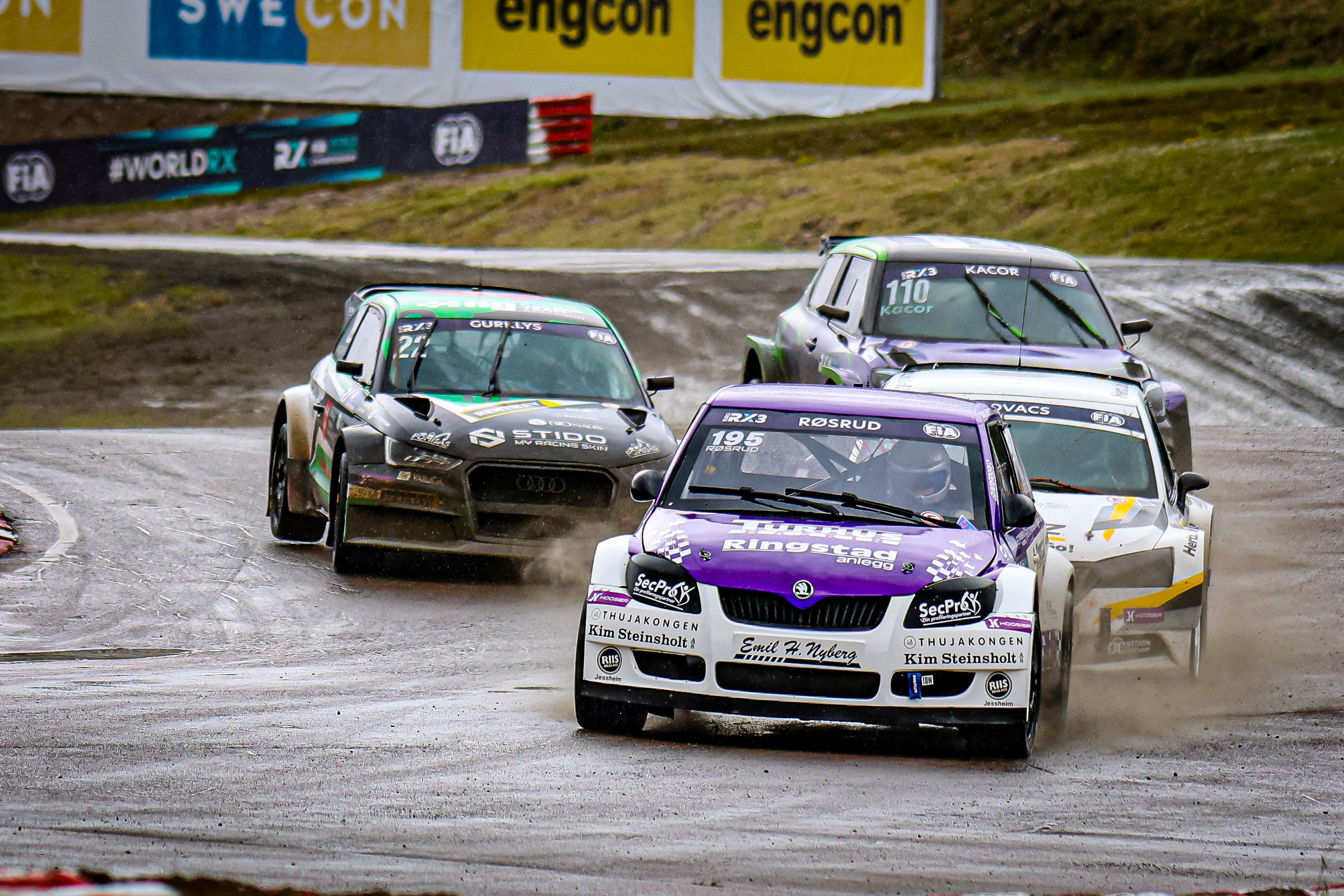 Markus Røsrud leads the Euro RX3 pack in his Škoda Fabia at Höljes in Sweden in 2025