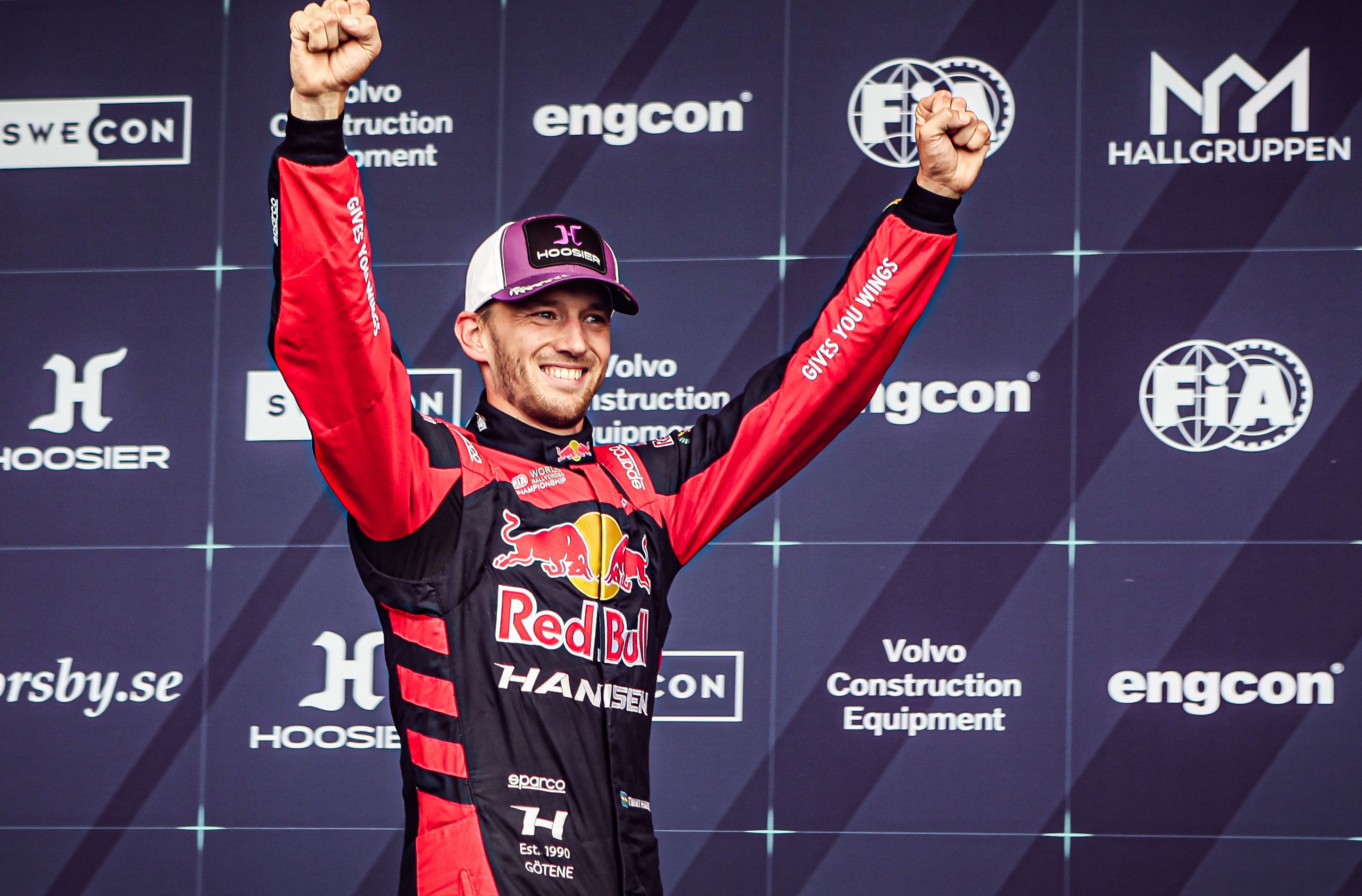 Timmy Hansen on the podium at World RX of Sweden in 2025