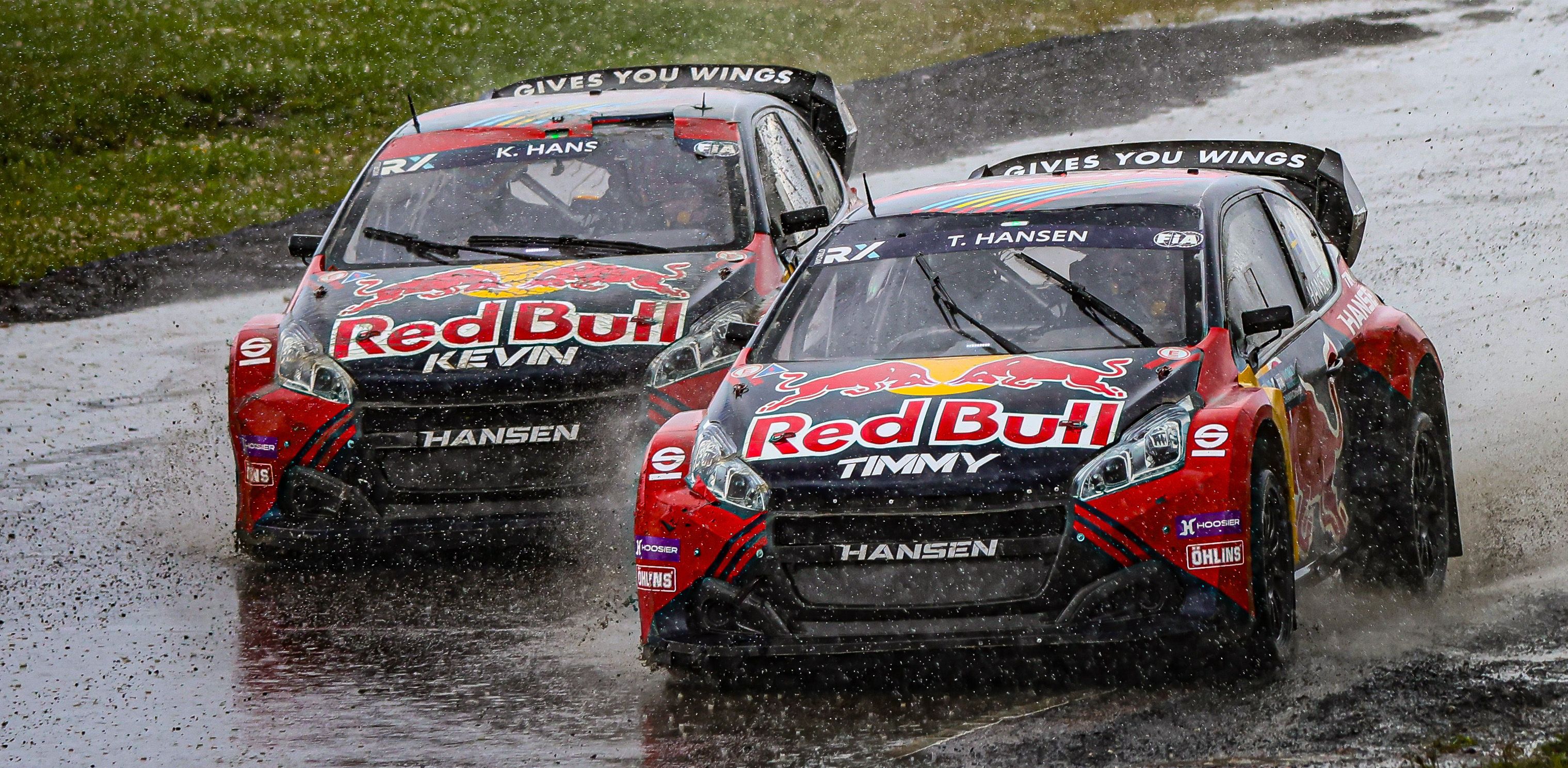 Brothers Kevin and Timmy Hansen splash through the spray at World RX of Sweden in 2025
