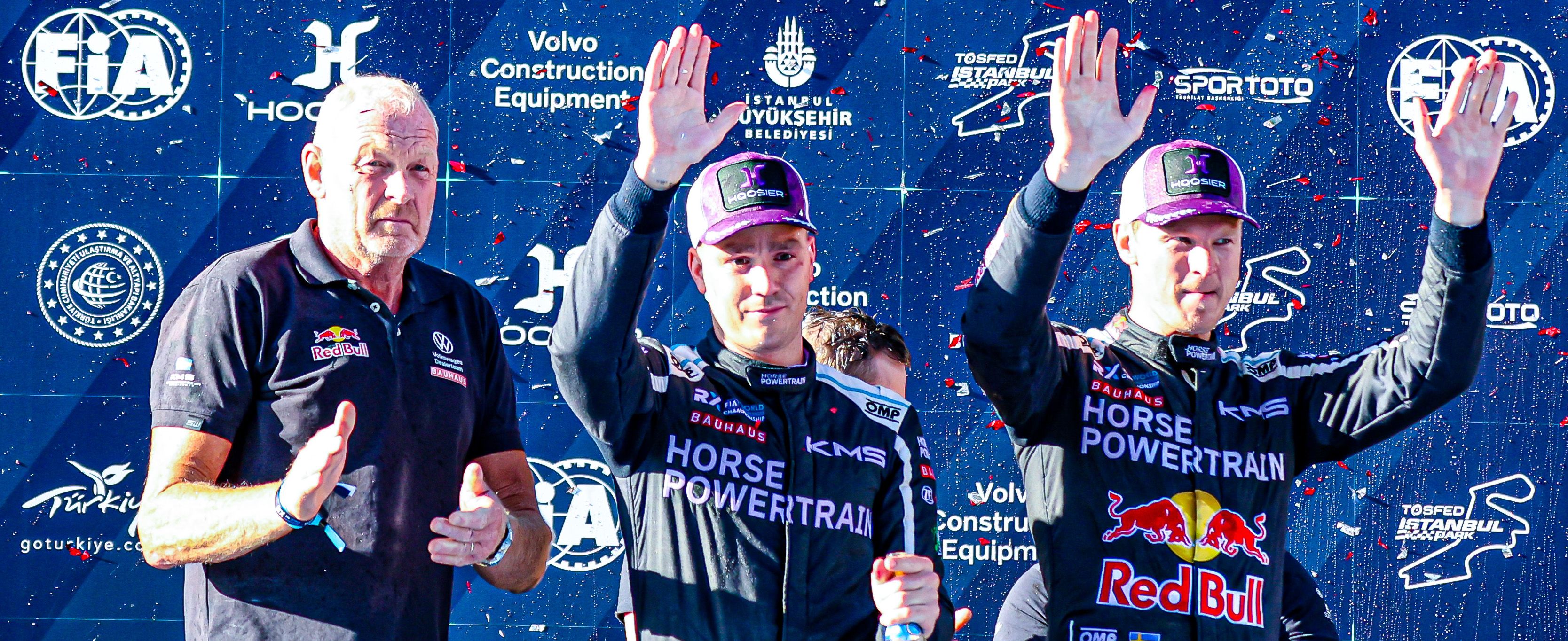 Tommy Kristoffersson, Ole Christian Veiby and Johan Kristoffersson on the podium at World RX of Türkiye in 2025