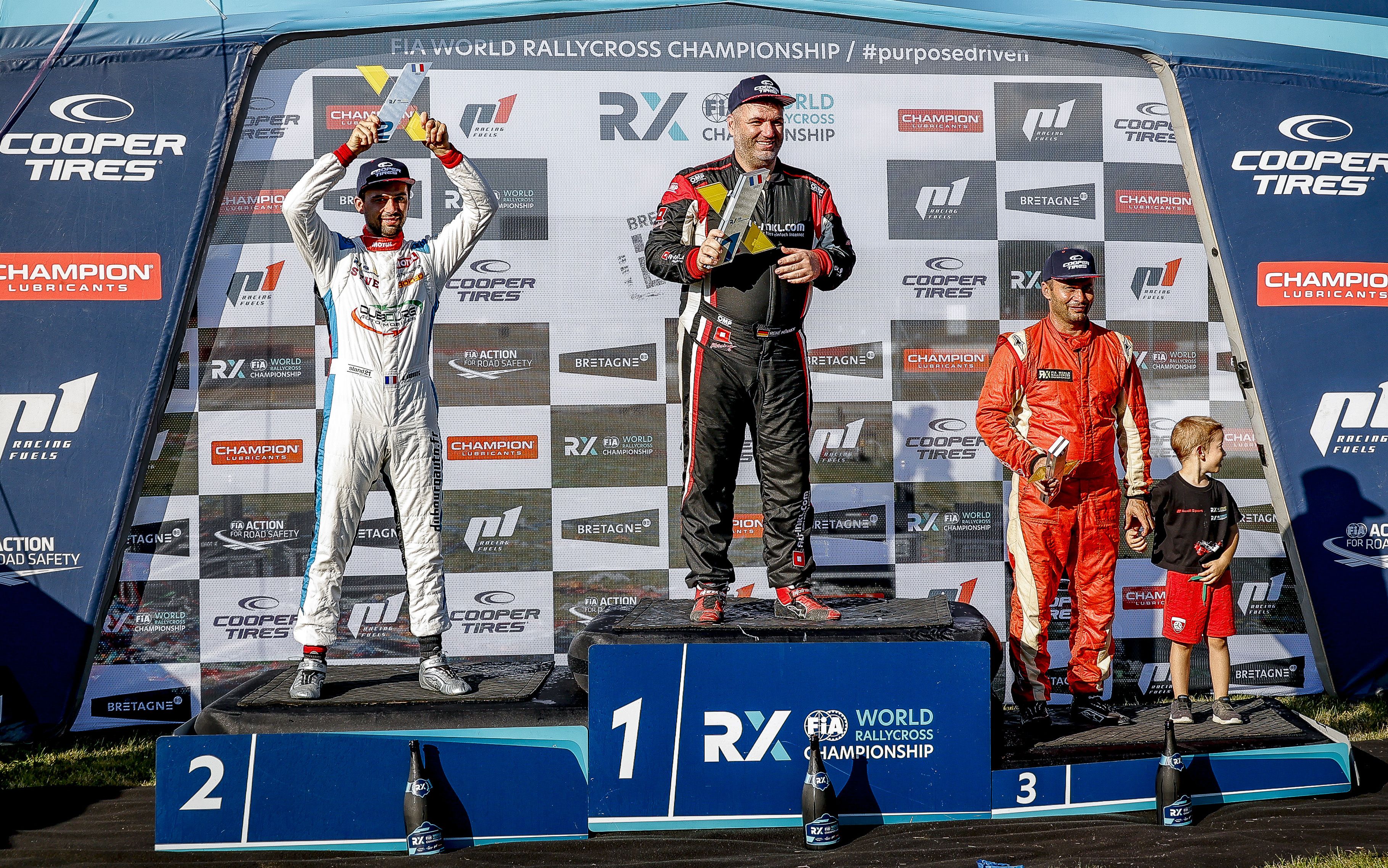 The 2021 Euro RX1 podium at Lohéac in France: [L-R] Andréa Dubourg, René Münnich and Tamás Kárai
