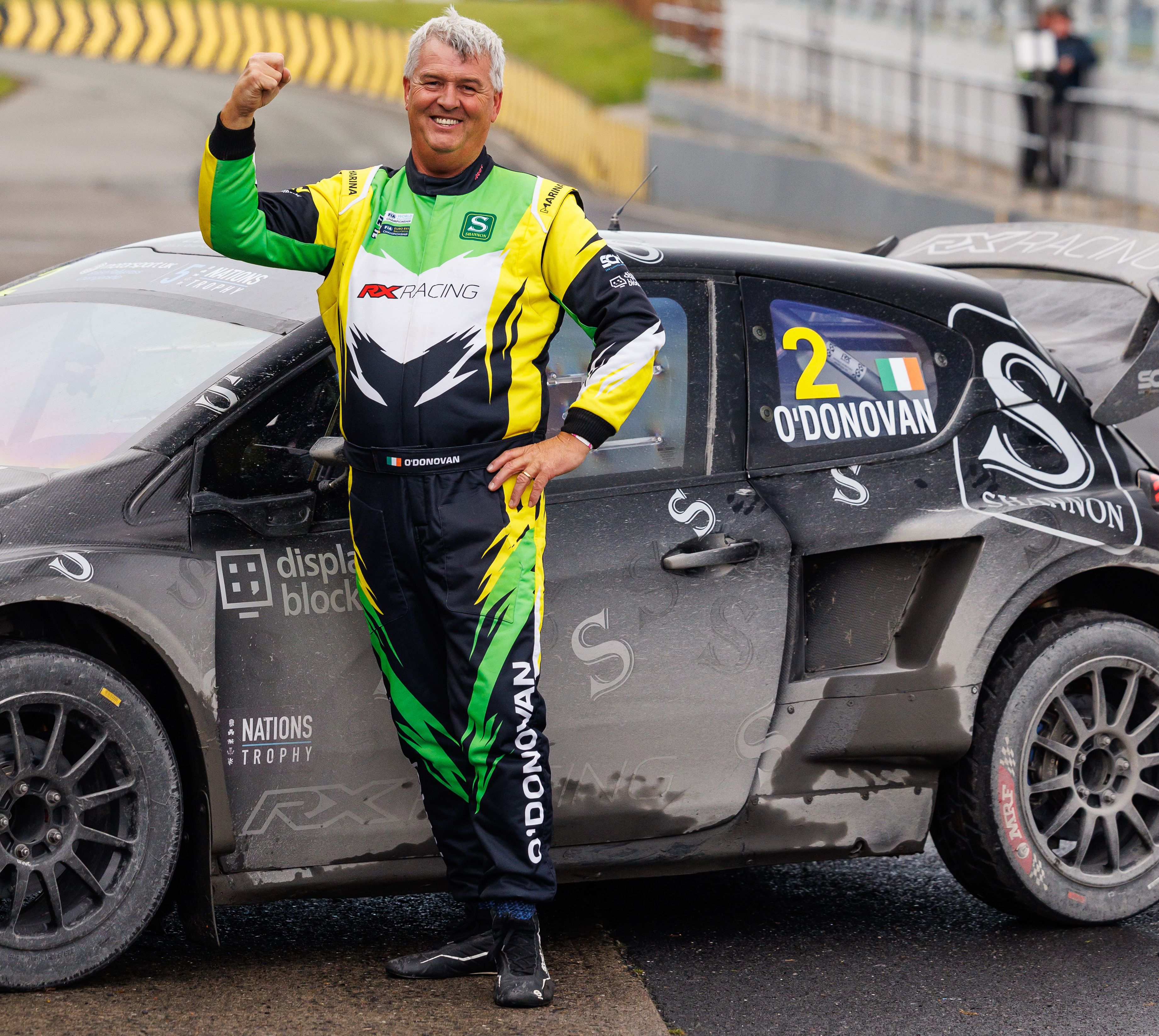 Former British Rallycross Champion Ollie O'Donovan celebrates victory at Mondello Park in Ireland in 2025