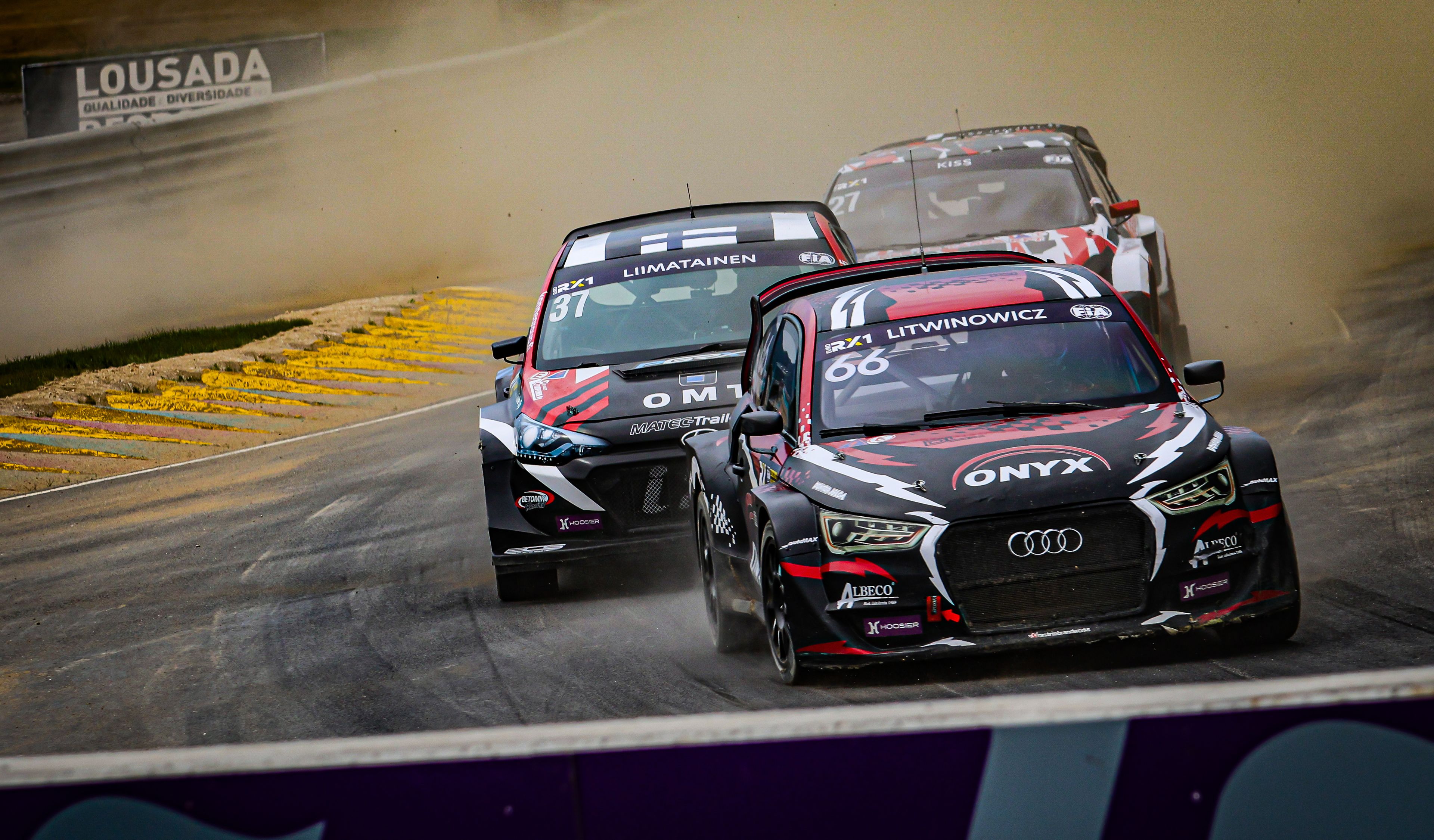 Damian Litwinowicz leads Mika Liimatainen and László Kiss in Euro RX1 battle at Lousada in Portugal in 2025