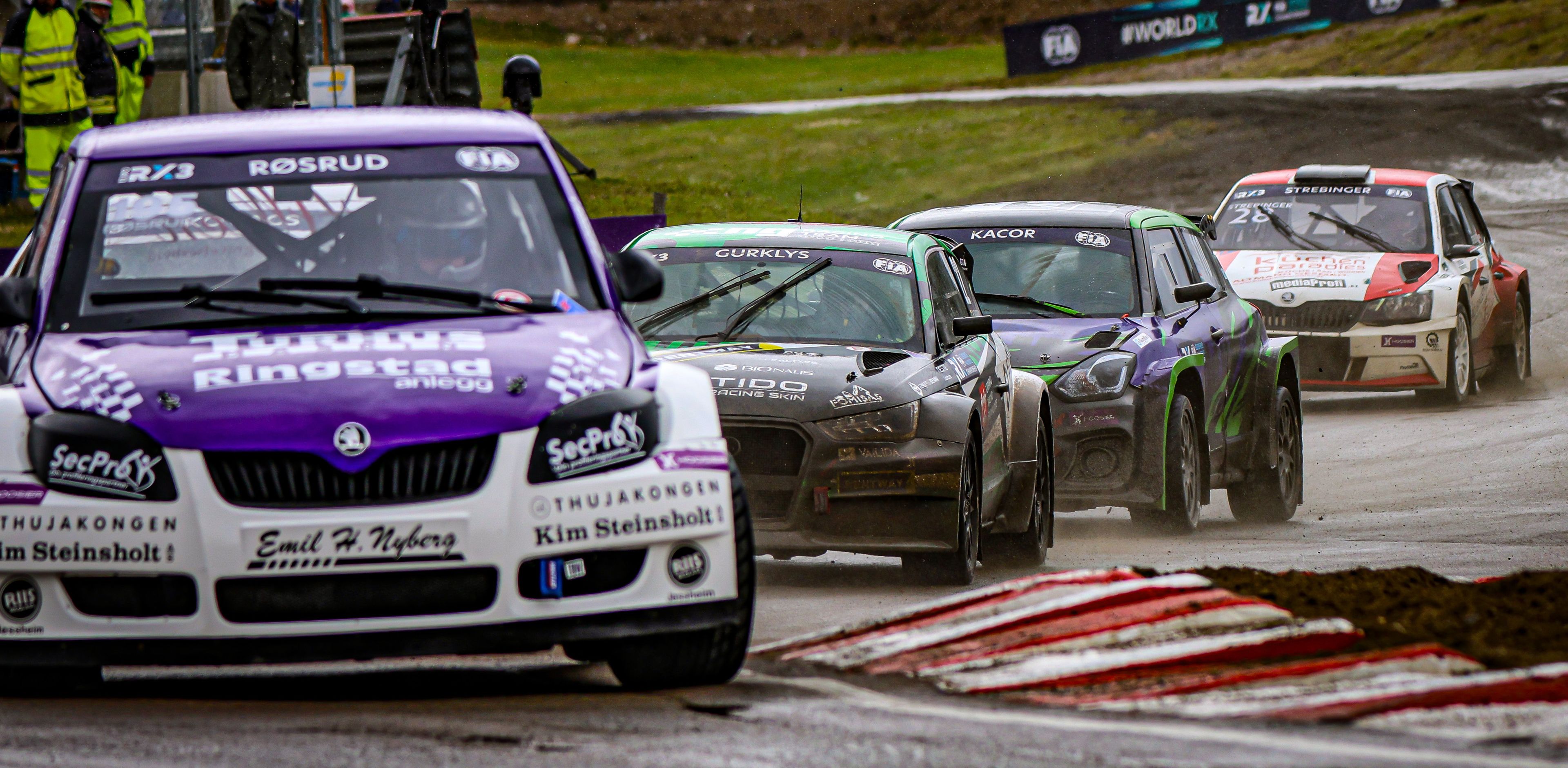 Markus Røsrud leads the Euro RX3 pack in his Škoda Fabia at Höljes in Sweden in 2025
