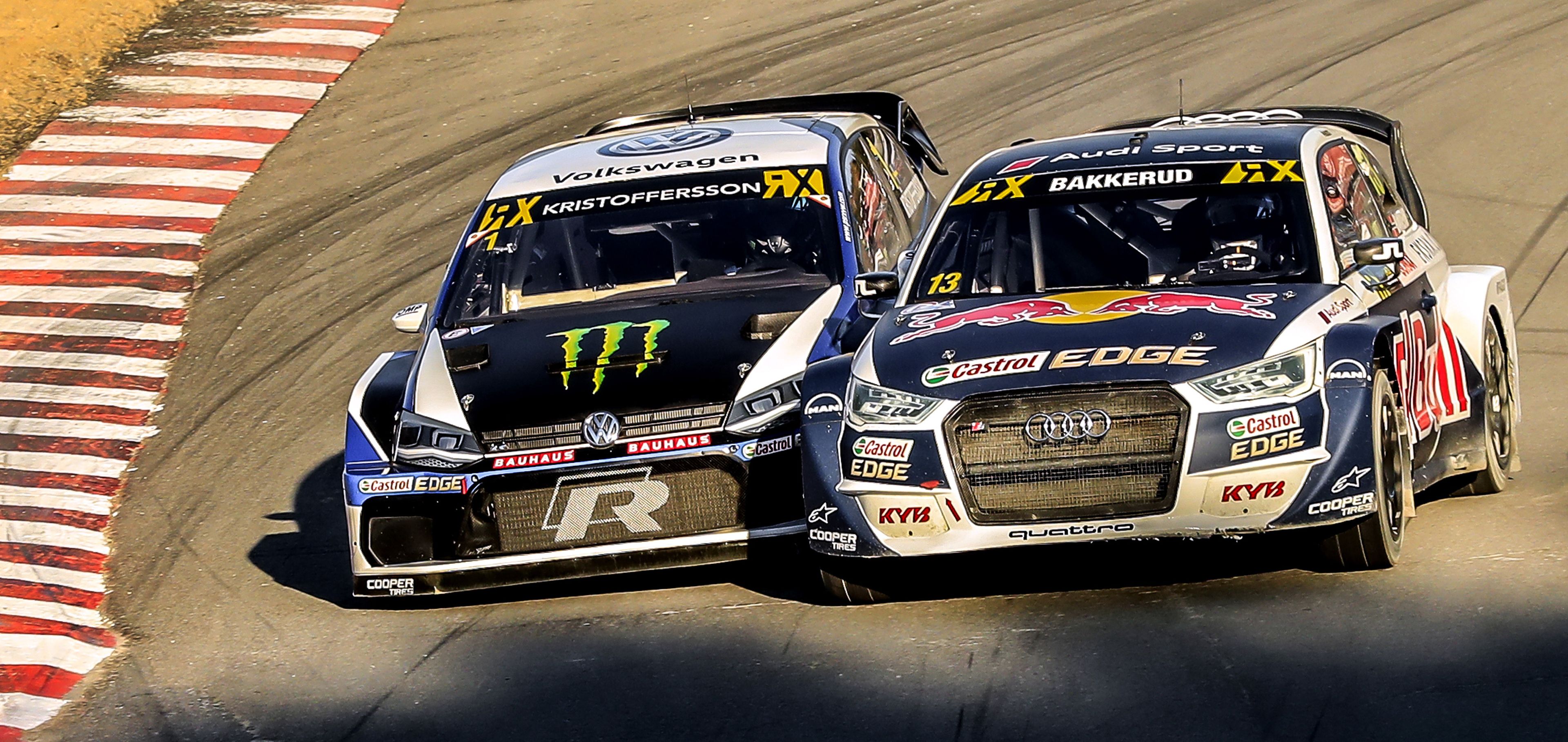 Johan Kristoffersson and Andreas Bakkerud duel wheel-to-wheel in World RX