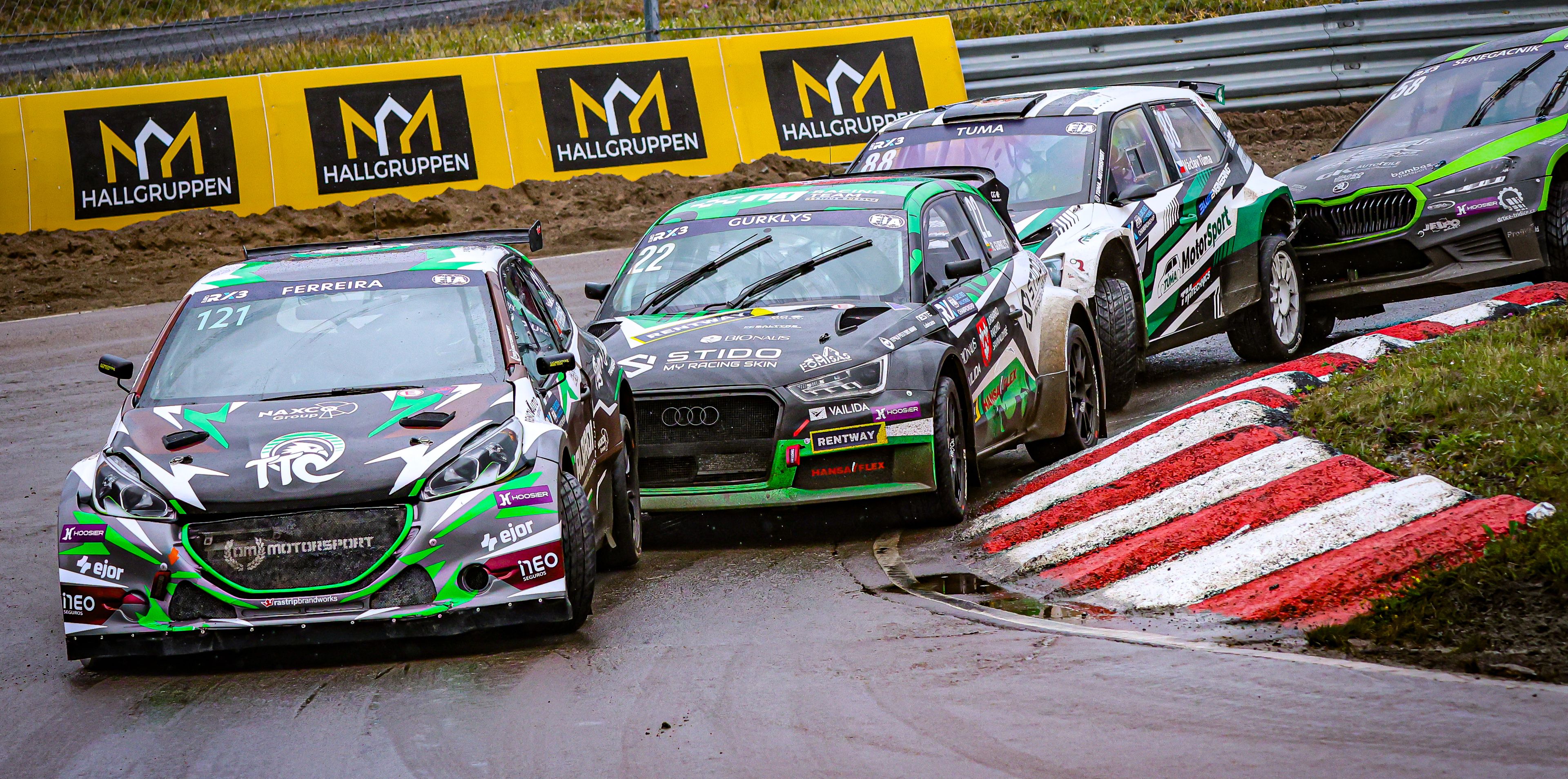Tiago Ferreira leads Rytis Gurklys and Vaclav Tuma in Euro RX3 at Höljes in Sweden in 2025