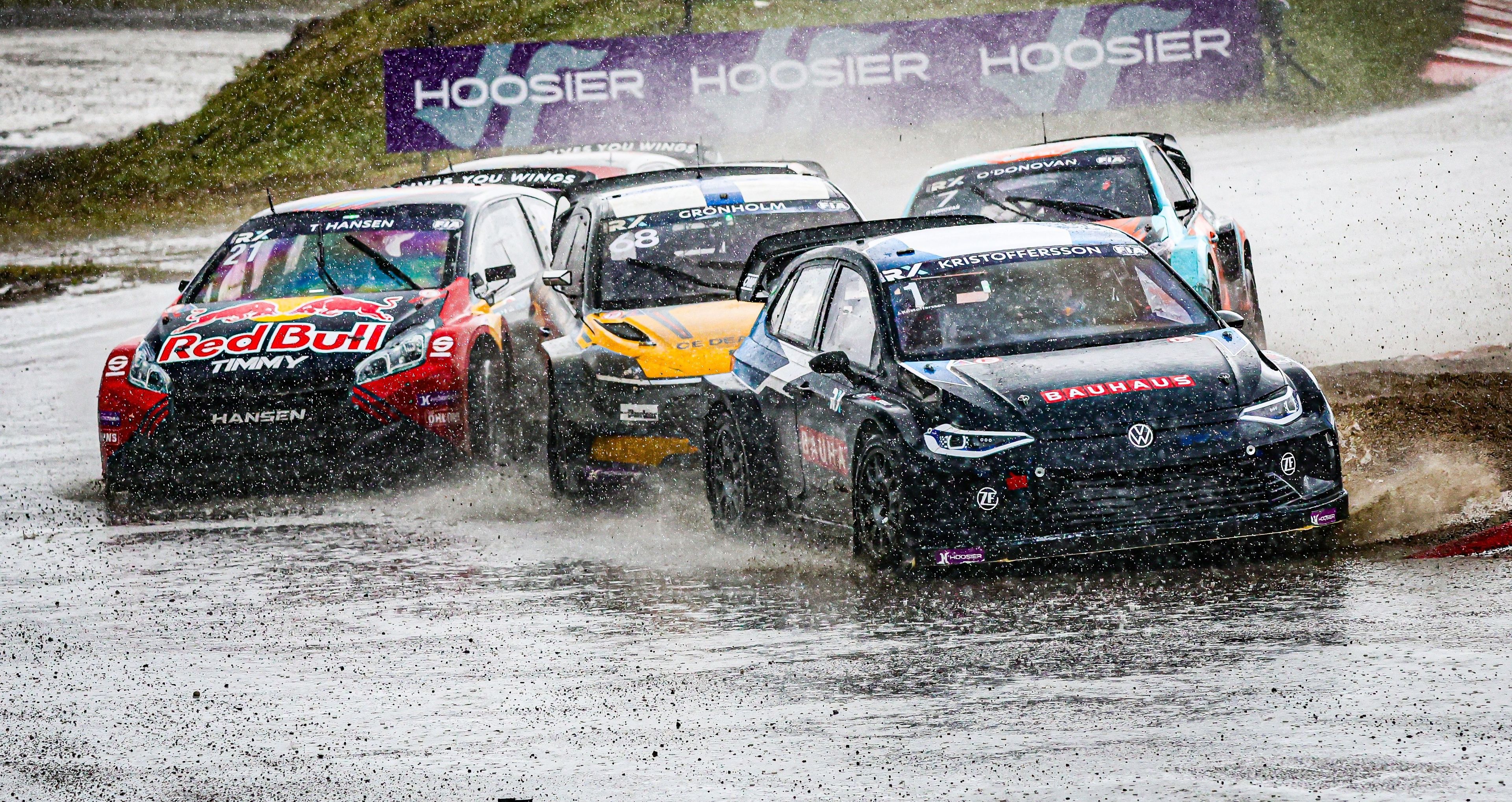 World RX competitors splash through the spray at Höljes in Sweden in 2025 (1)