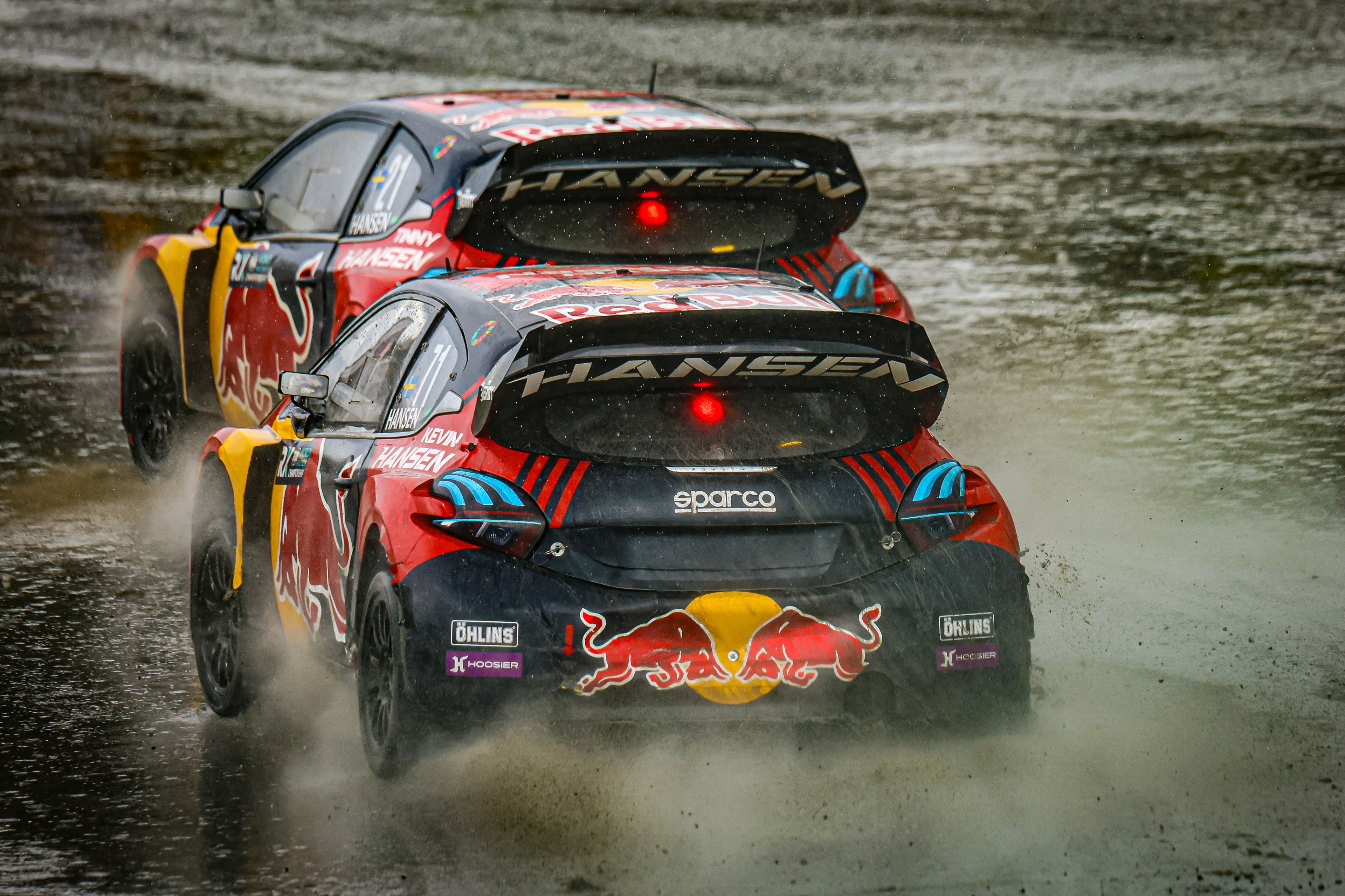 Brothers Timmy and Kevin Hansen splash through the spray at World RX of Sweden in 2025