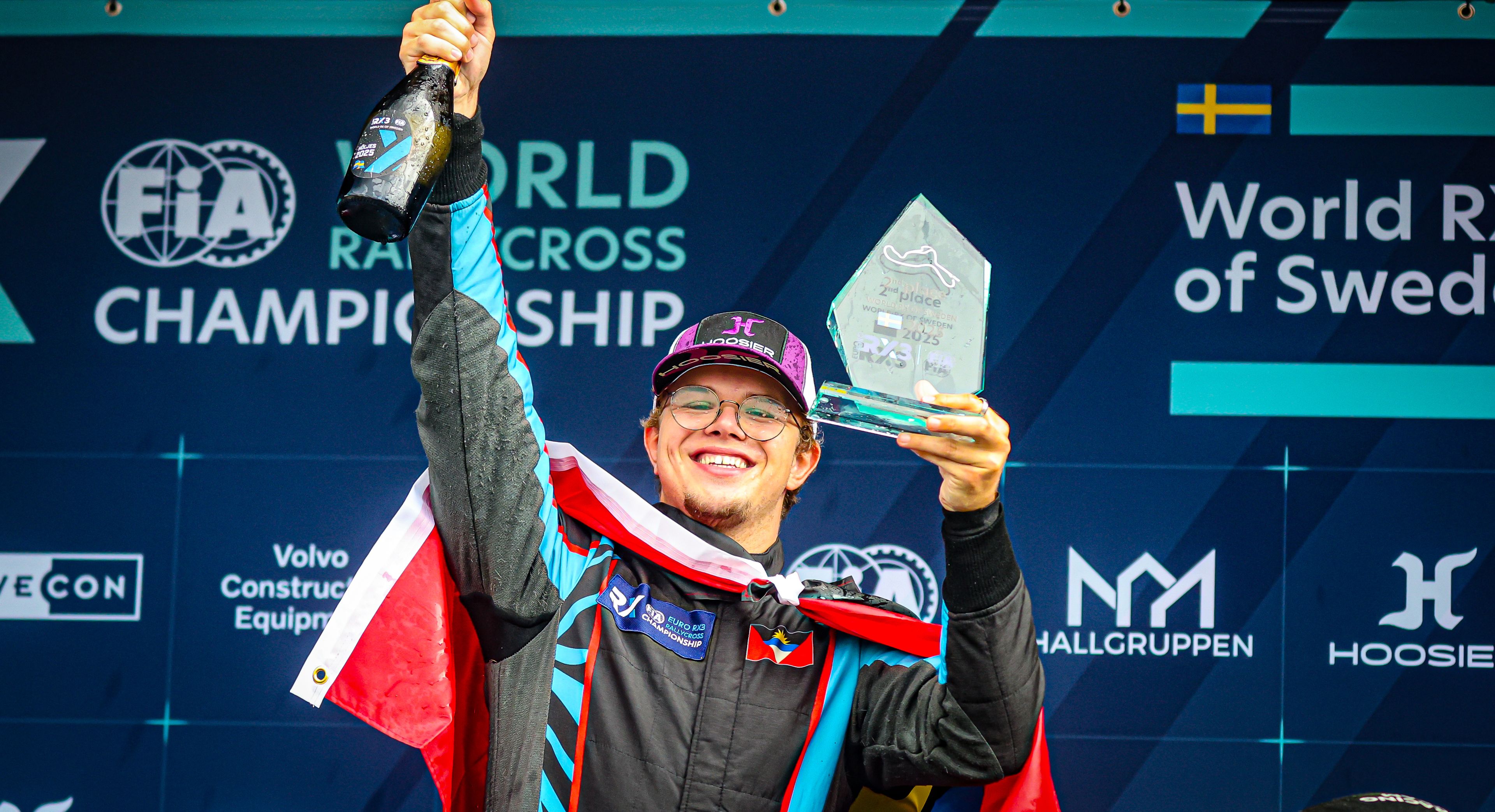 Nicolas Geleyns celebrates his second-place finish in Euro RX3 at World RX of Sweden in 2025