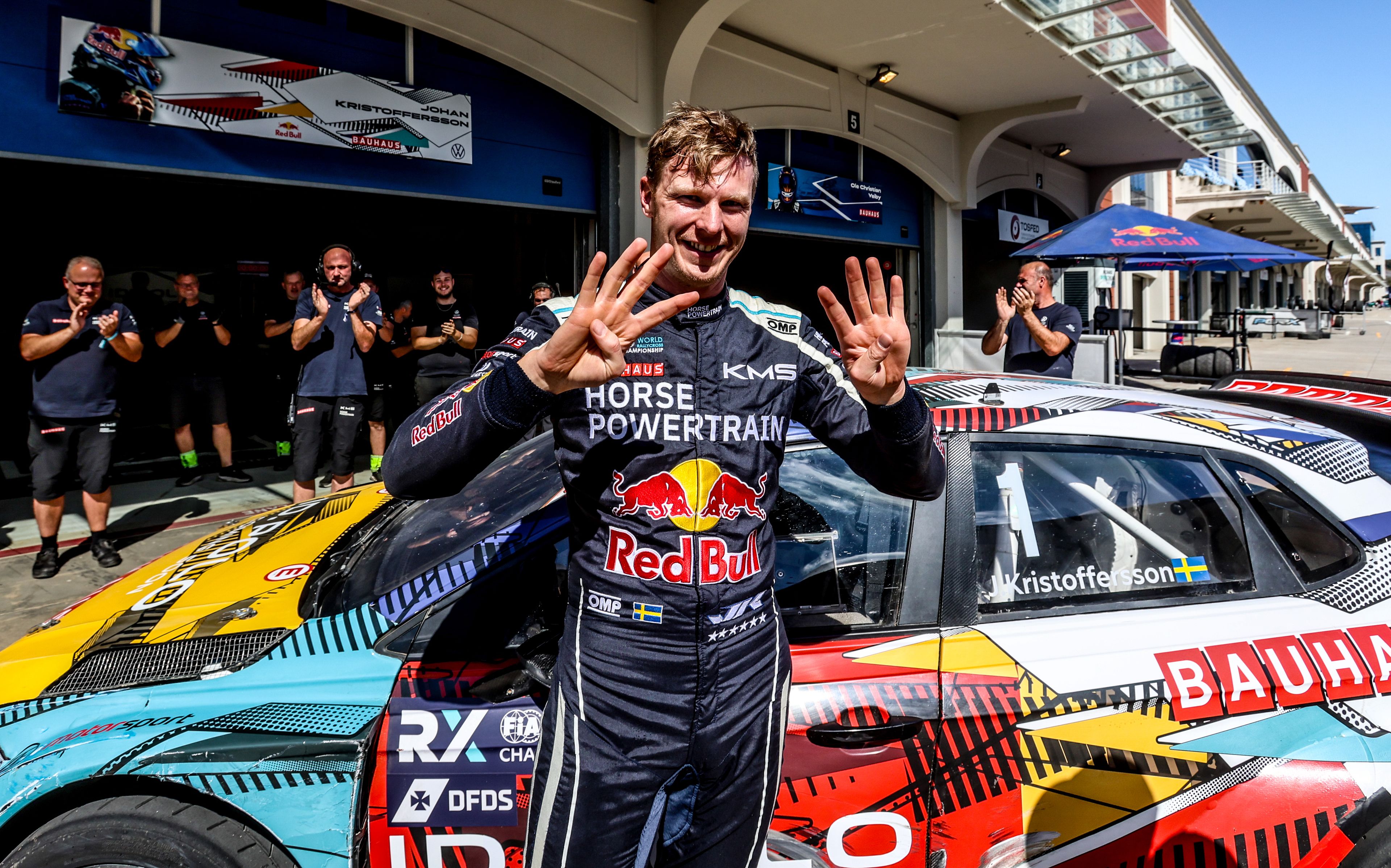 Johan Kristoffersson celebrates winning his eighth FIA World Rallycross Championship title in Istanbul in 2025