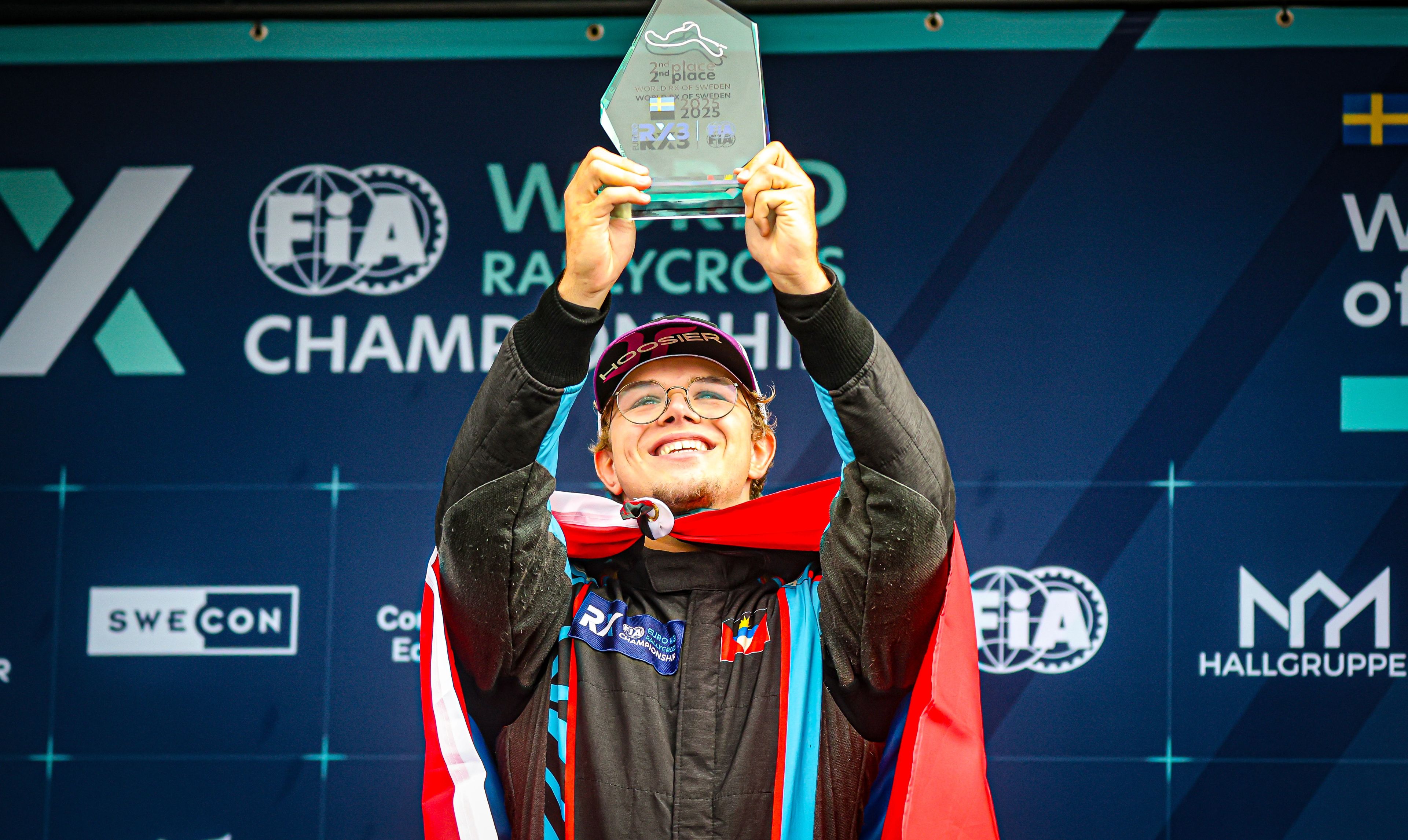 Nicolas Geleyns celebrates his second-place finish in Euro RX3 at World RX of Sweden in 2025 (1)