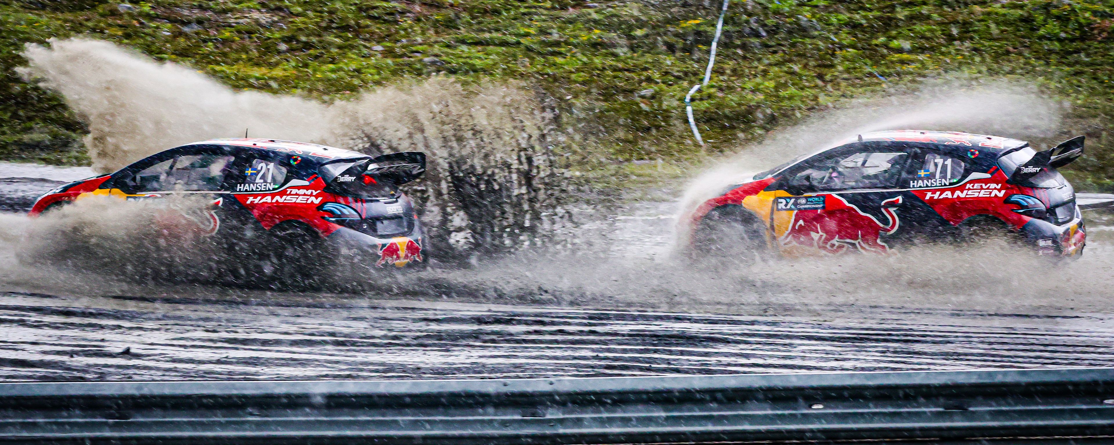 Brothers Timmy and Kevin Hansen splash through the spray at World RX of Sweden in 2025