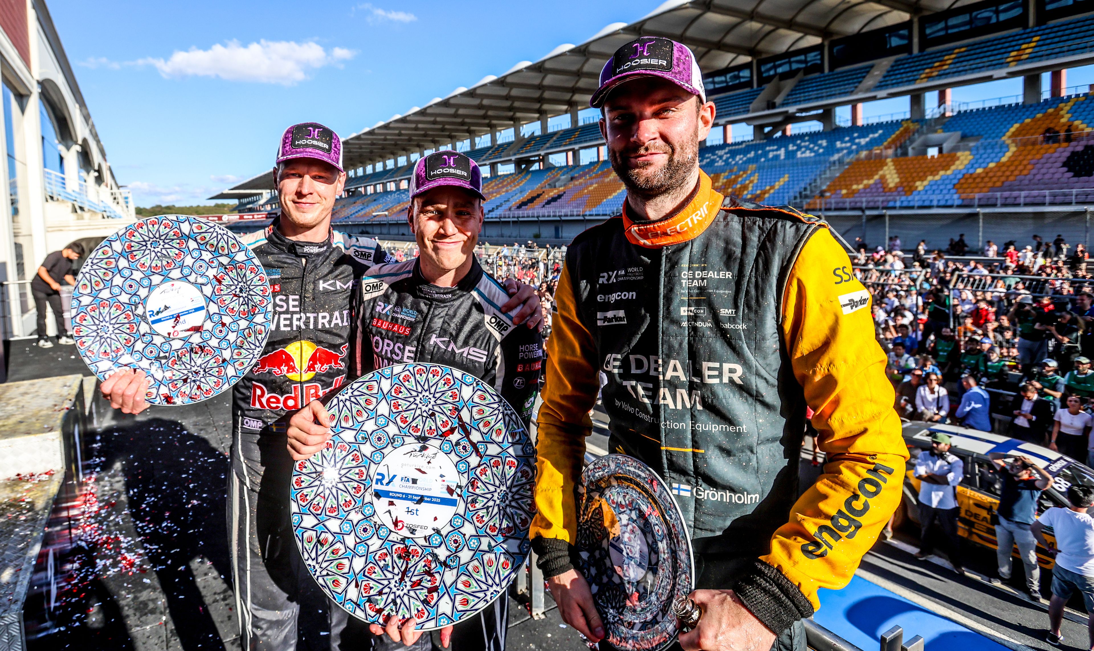 [L-R] Podium-finishers Johan Kristoffersson, Ole Christian Veiby and Niclas Grönholm at World RX of Türkiye 2025
