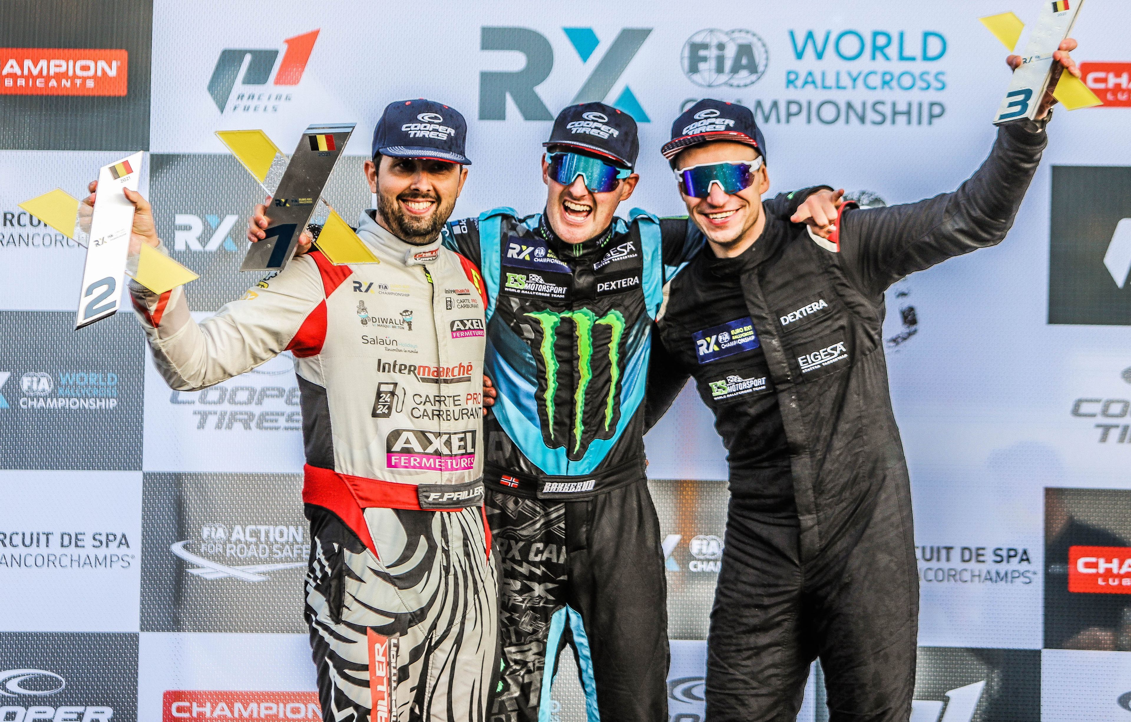 [L-R]: Fabien Pailler, Andreas Bakkerud and Jānis Baumanis on the Euro RX1 podium at Spa-Francorchamps in 2021