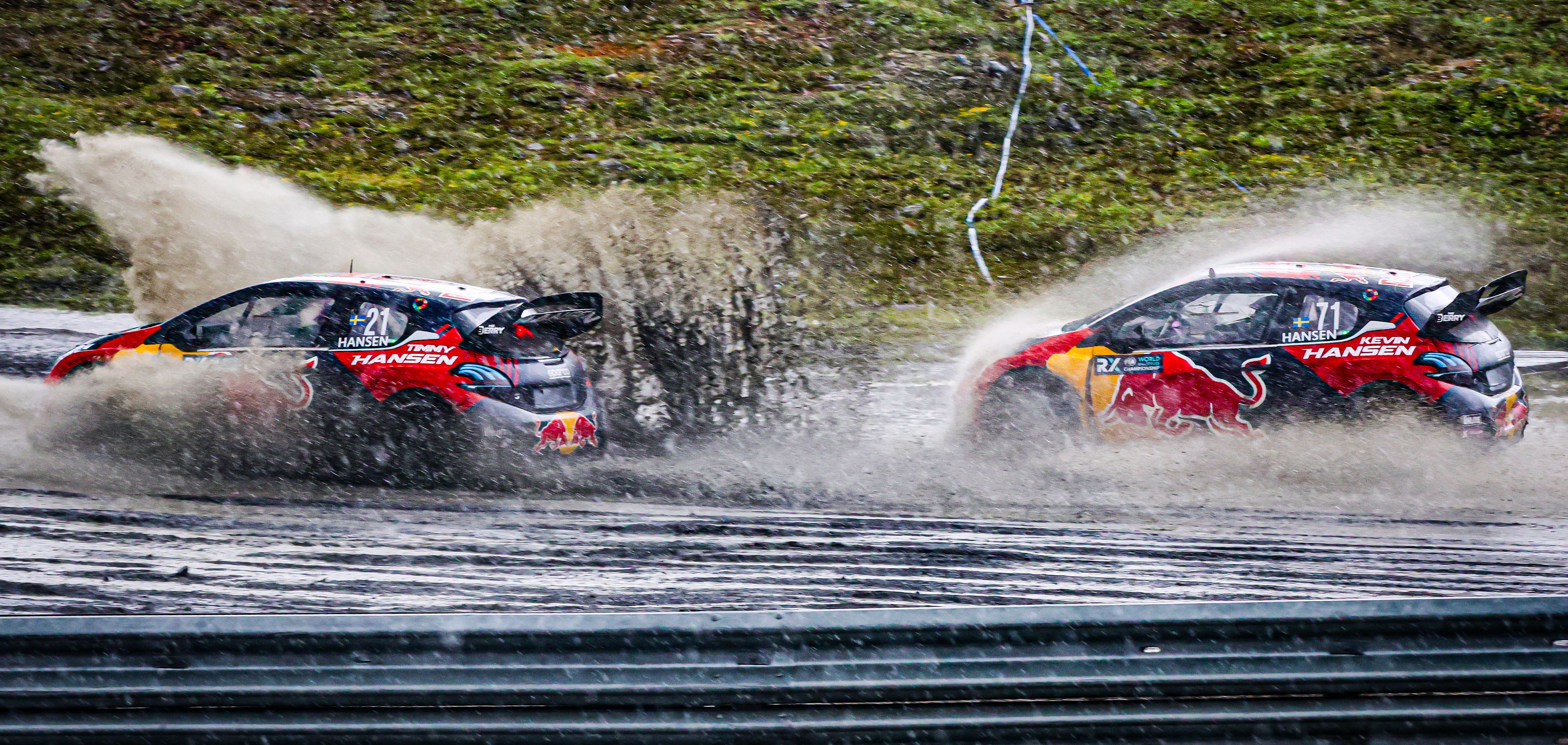 Brothers Timmy and Kevin Hansen splash through the spray at World RX of Sweden in 2025