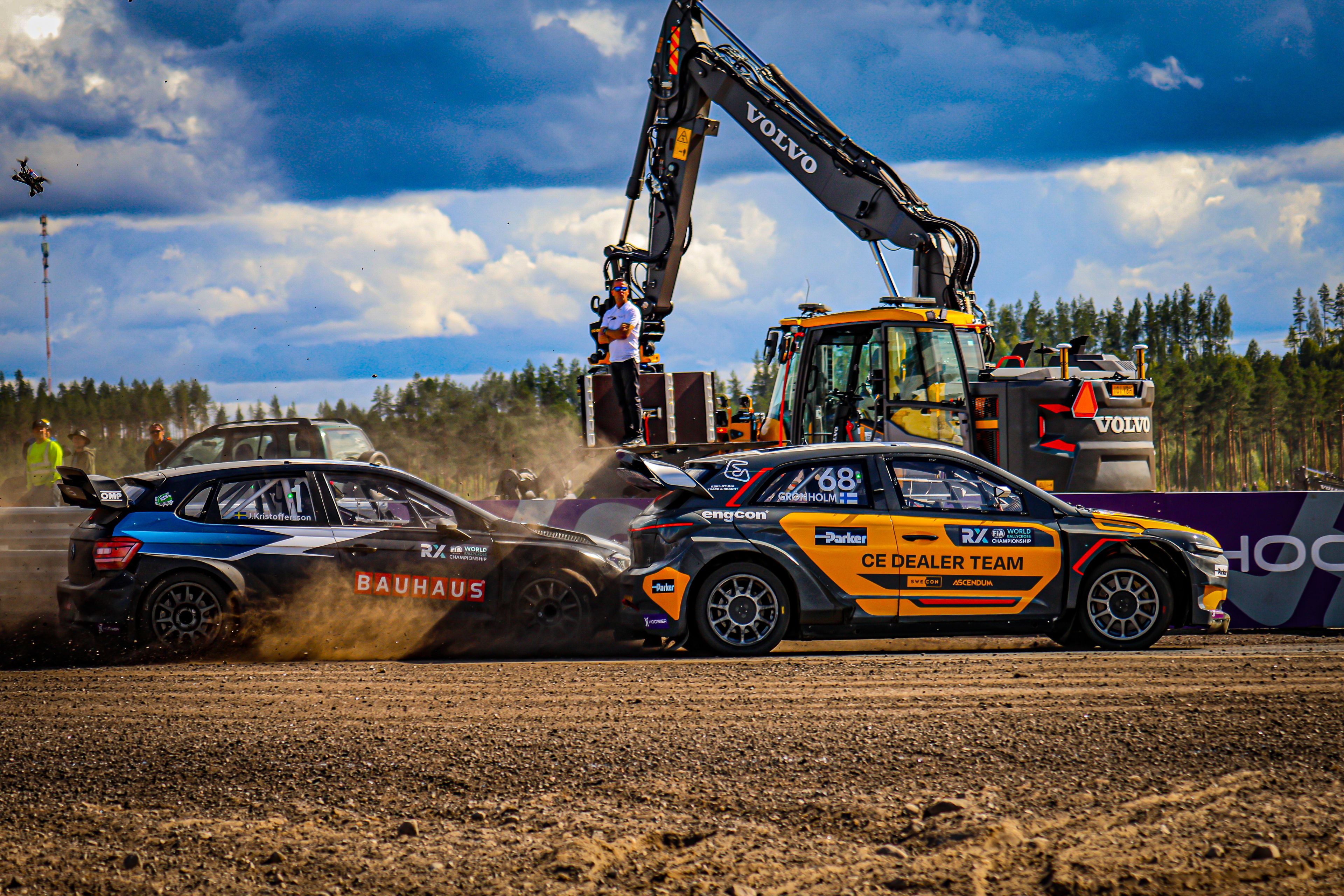 Johan Kristoffersson (left) and Niclas Grönholm (right) do battle during World RX of Finland in 2025
