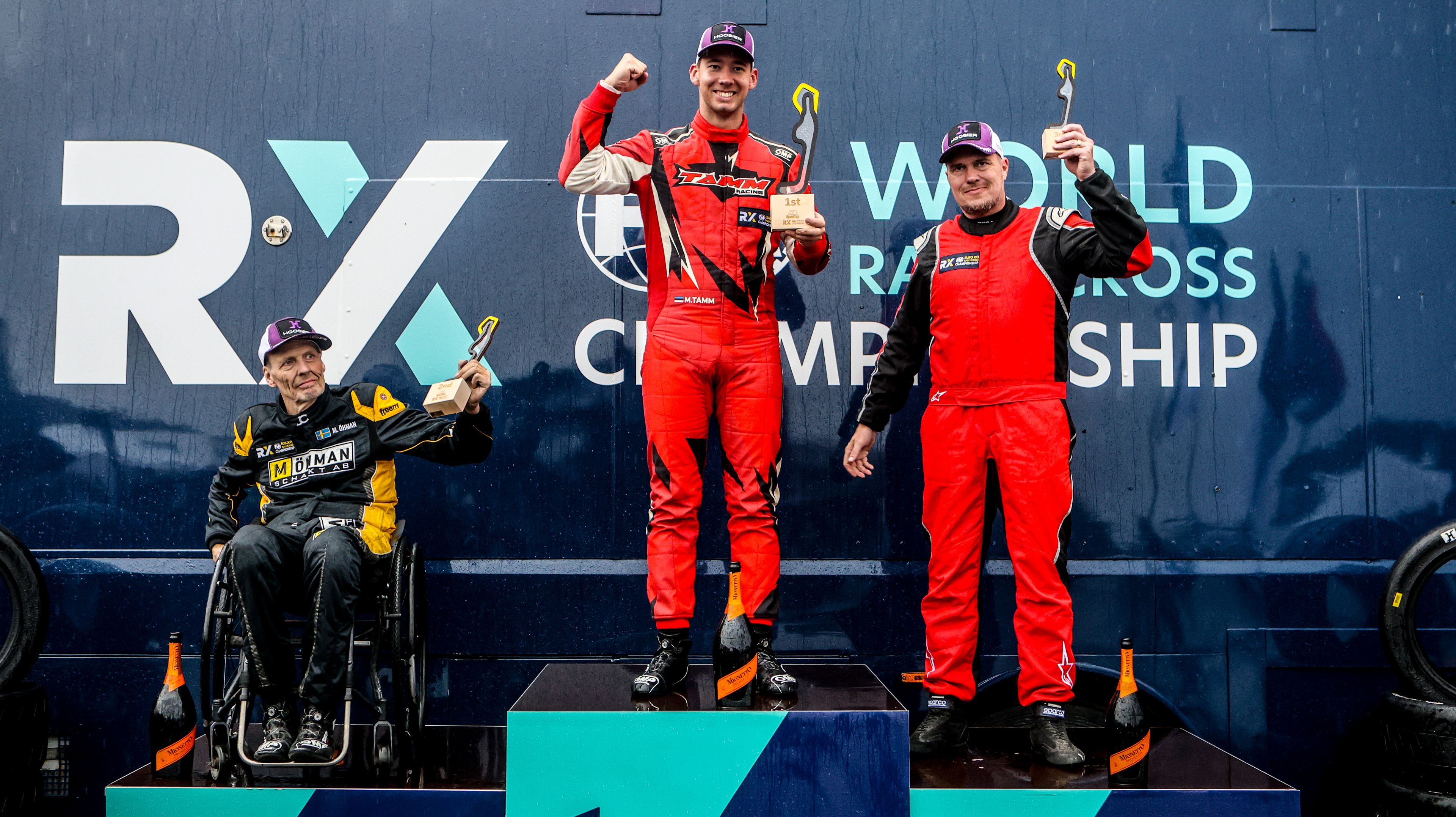 The Euro RX1 podium-finishers at World RX of Finland 2025: [L-R] Mats Öhman, Maiko Tamm and Mikko Ikonen