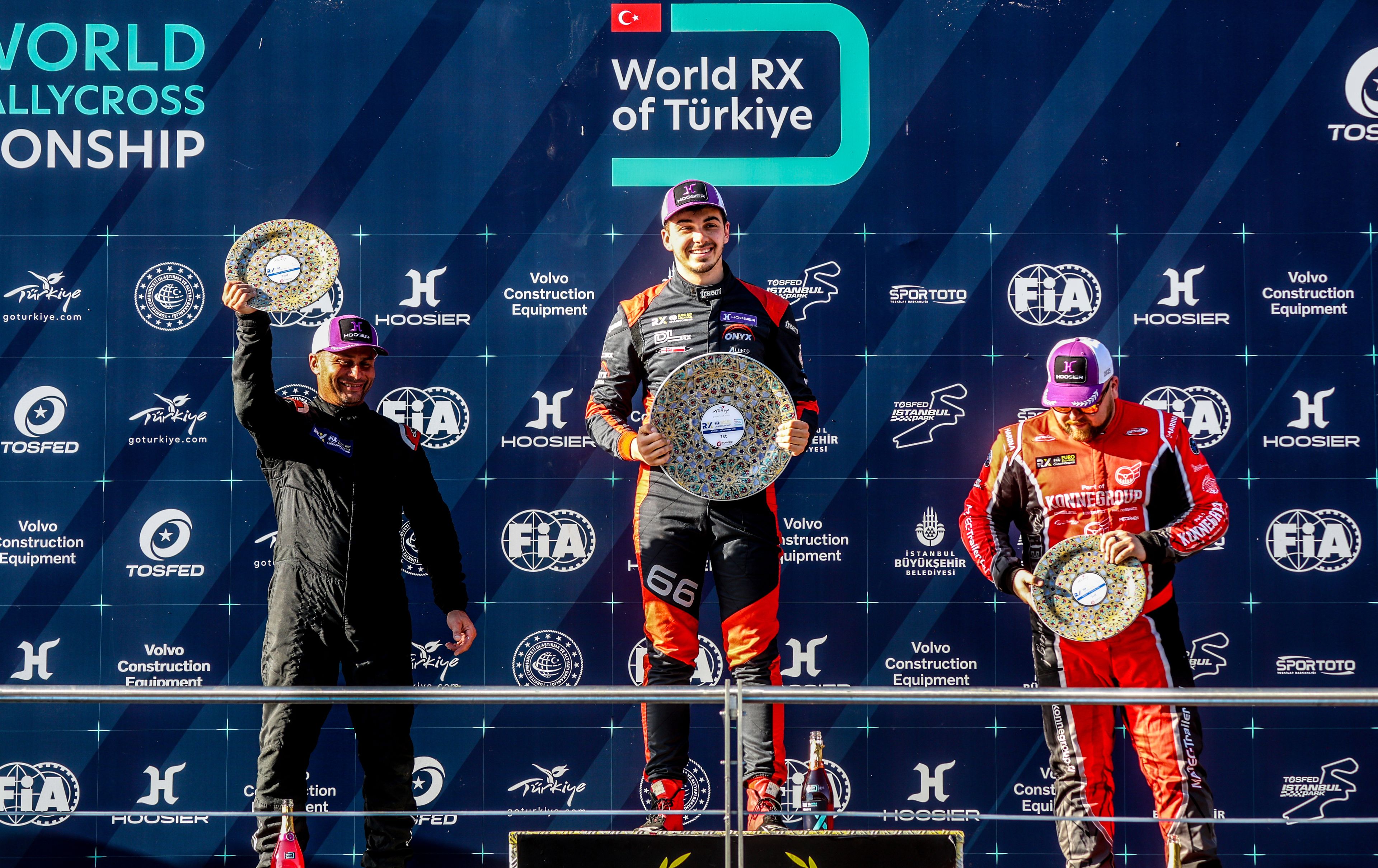 Euro RX1 podium-finishers [L-R] Tamás Kárai, Damian Litwinowicz and Mika Liimatainen in Istanbul, Türkiye in 2025