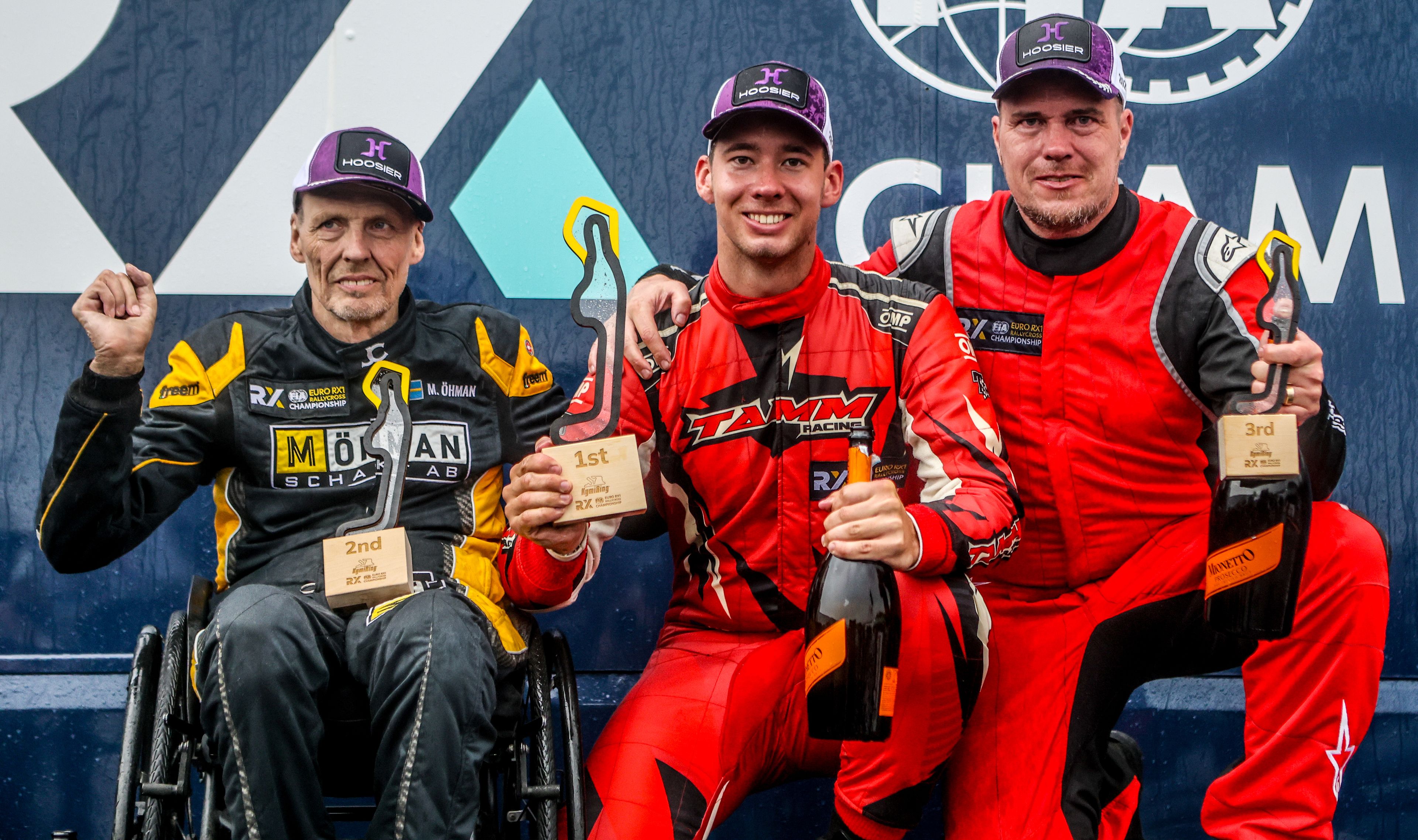 [L-R]: Euro RX1 podium-finishers Mats Öhman, Maiko Tamm and Mikko Ikonen at Finland's KymiRing in 2025