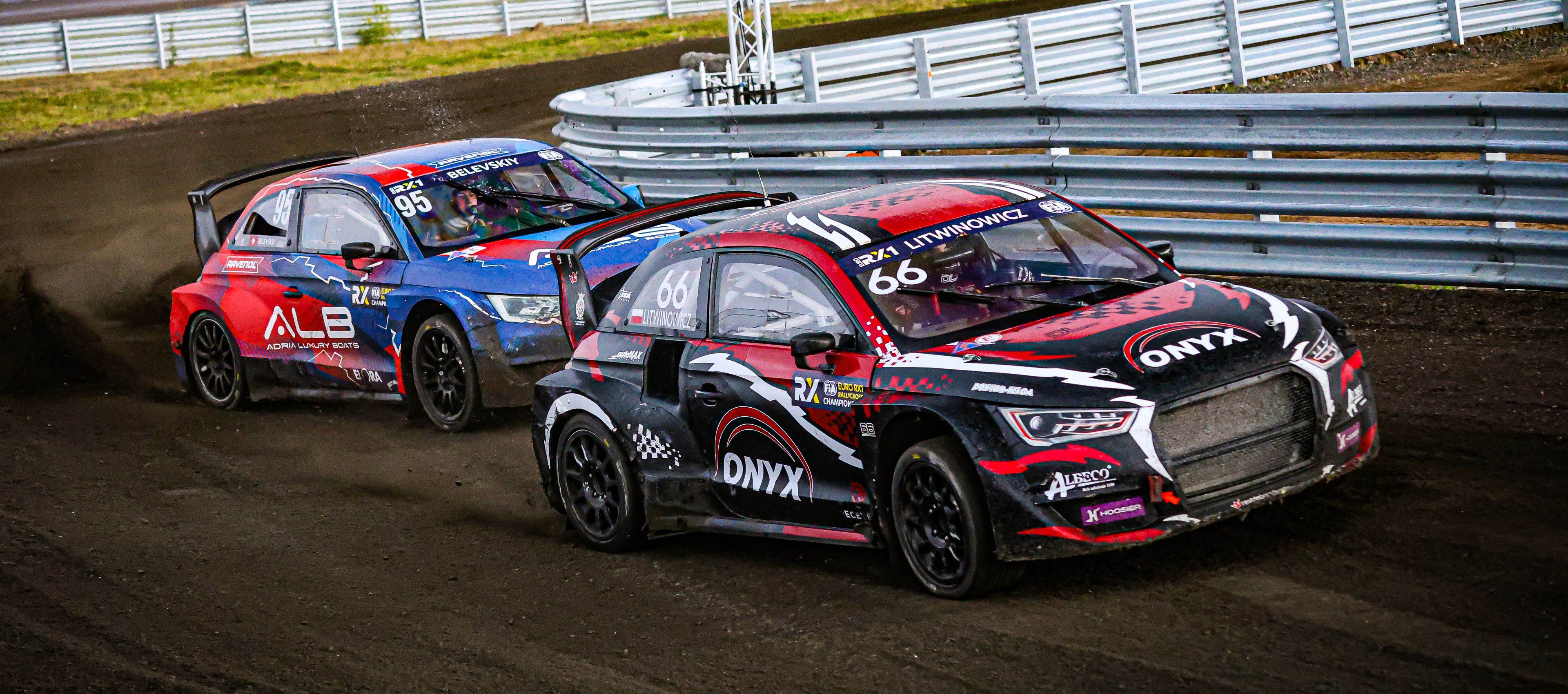 Damian Litwinowicz leads Yury Belevskiy in Euro RX1 battle at Finland's KymiRing in 2025