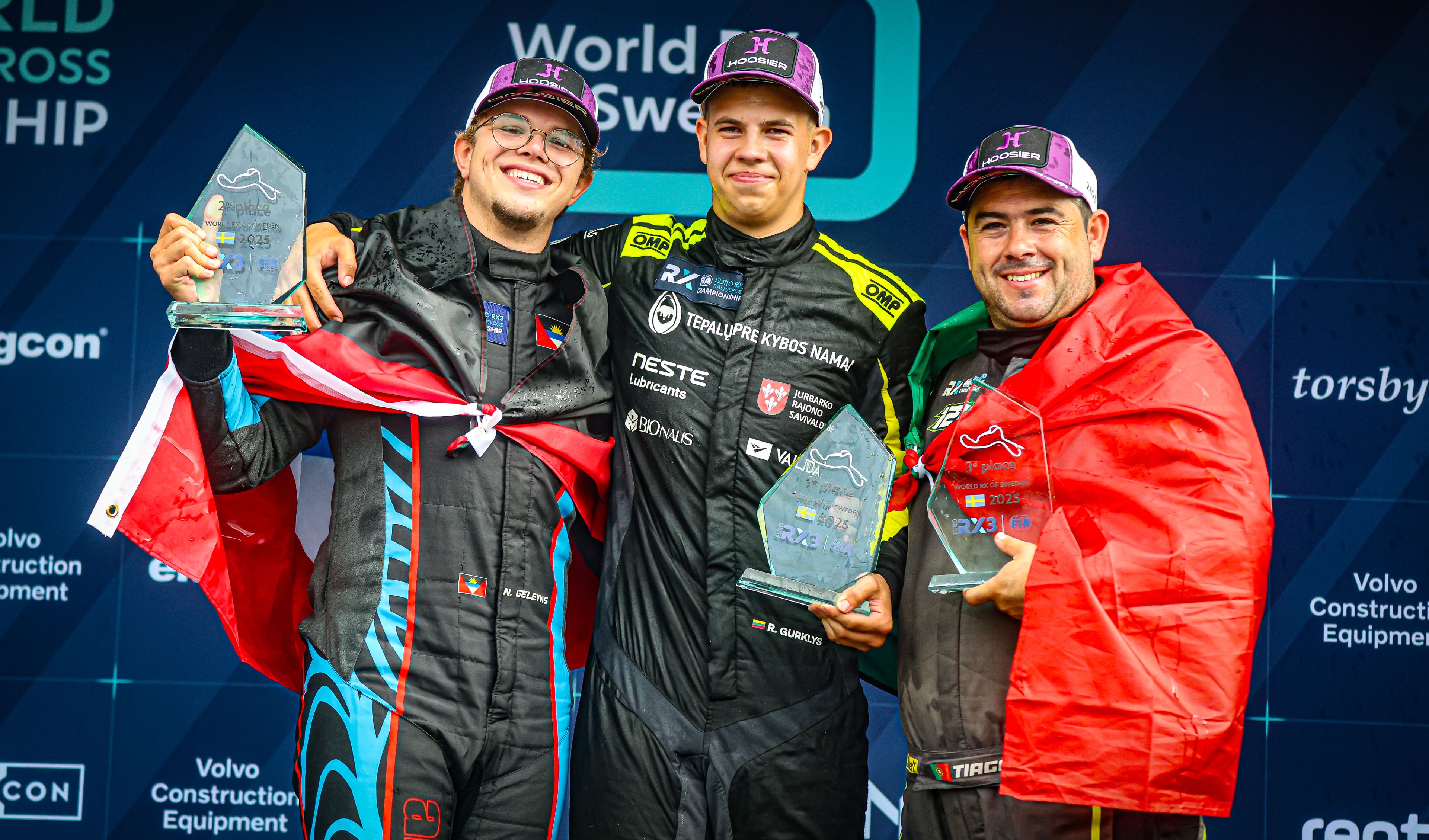 [L-R]: Nicolas Geleyns, Rytis Gurklys and Tiago Ferreira on the Euro RX3 podium at Höljes in Sweden in 2025