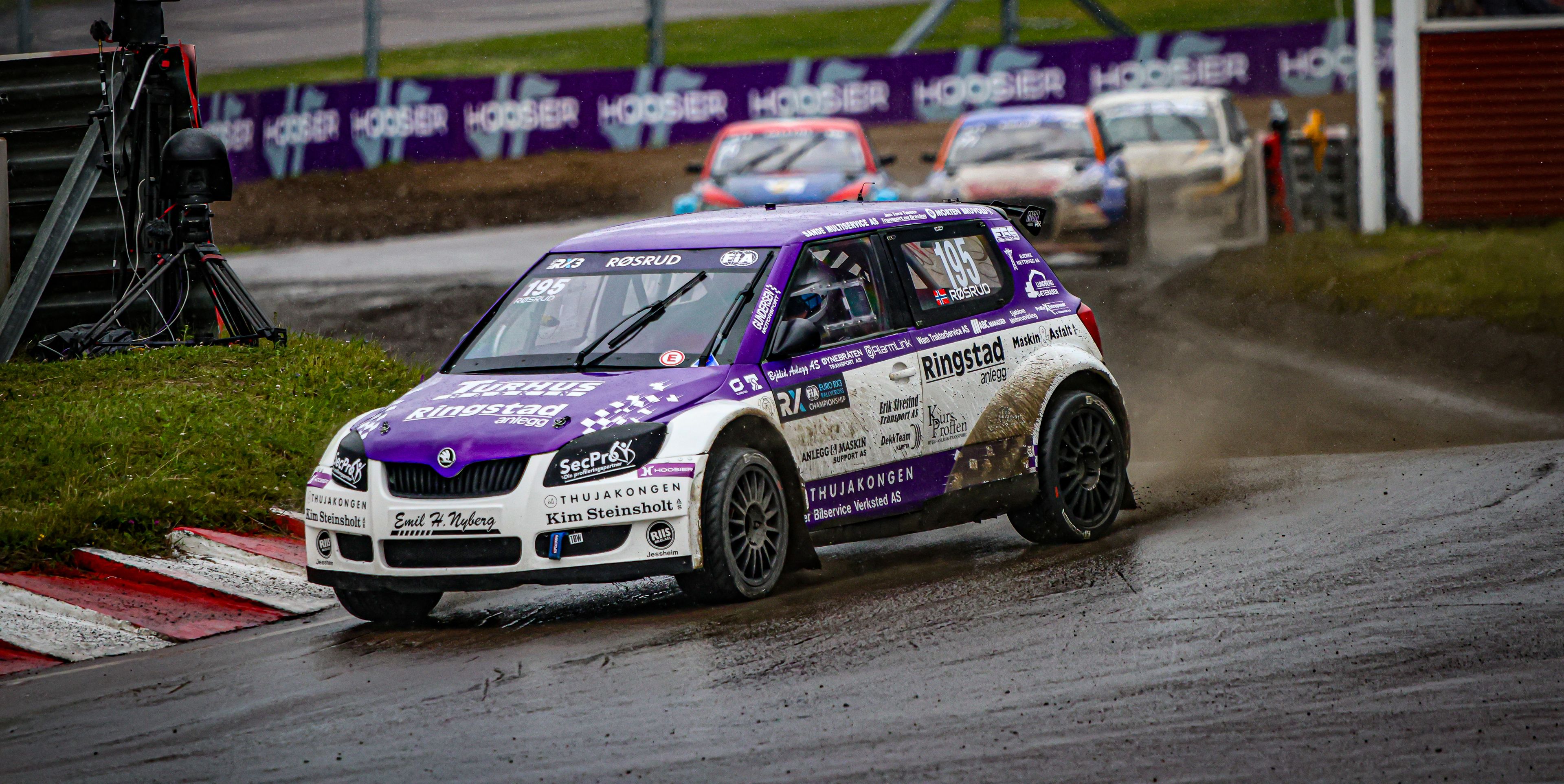 Markus Røsrud in Euro RX3 action in his Škoda Fabia during Höljes' 'Magic Weekend' in Sweden in 2025