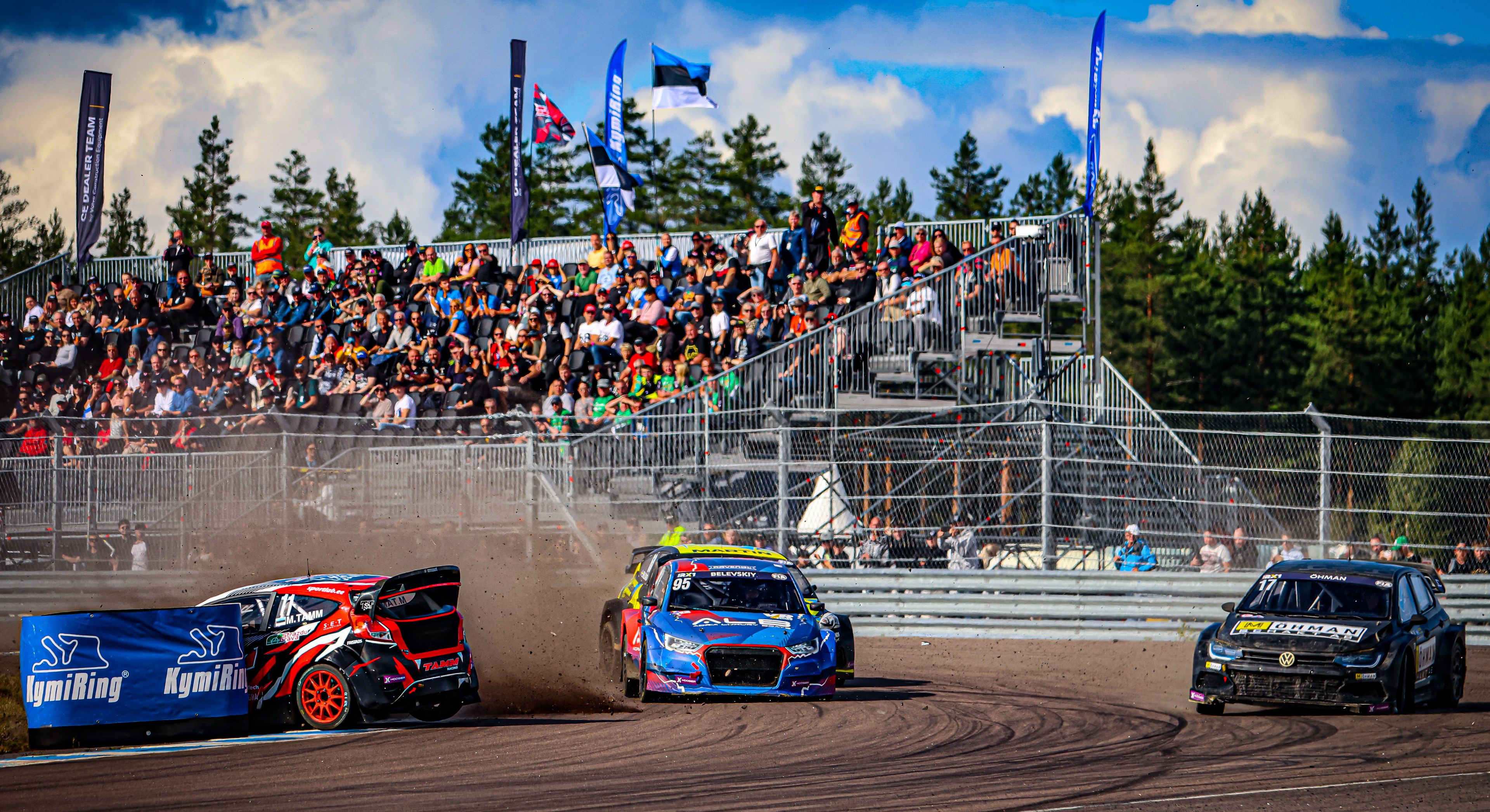 Maiko Tamm spins at Turn One at Finland's KymiRing in 2025 following contact with Euro RX1 rival Yury Belevskiy