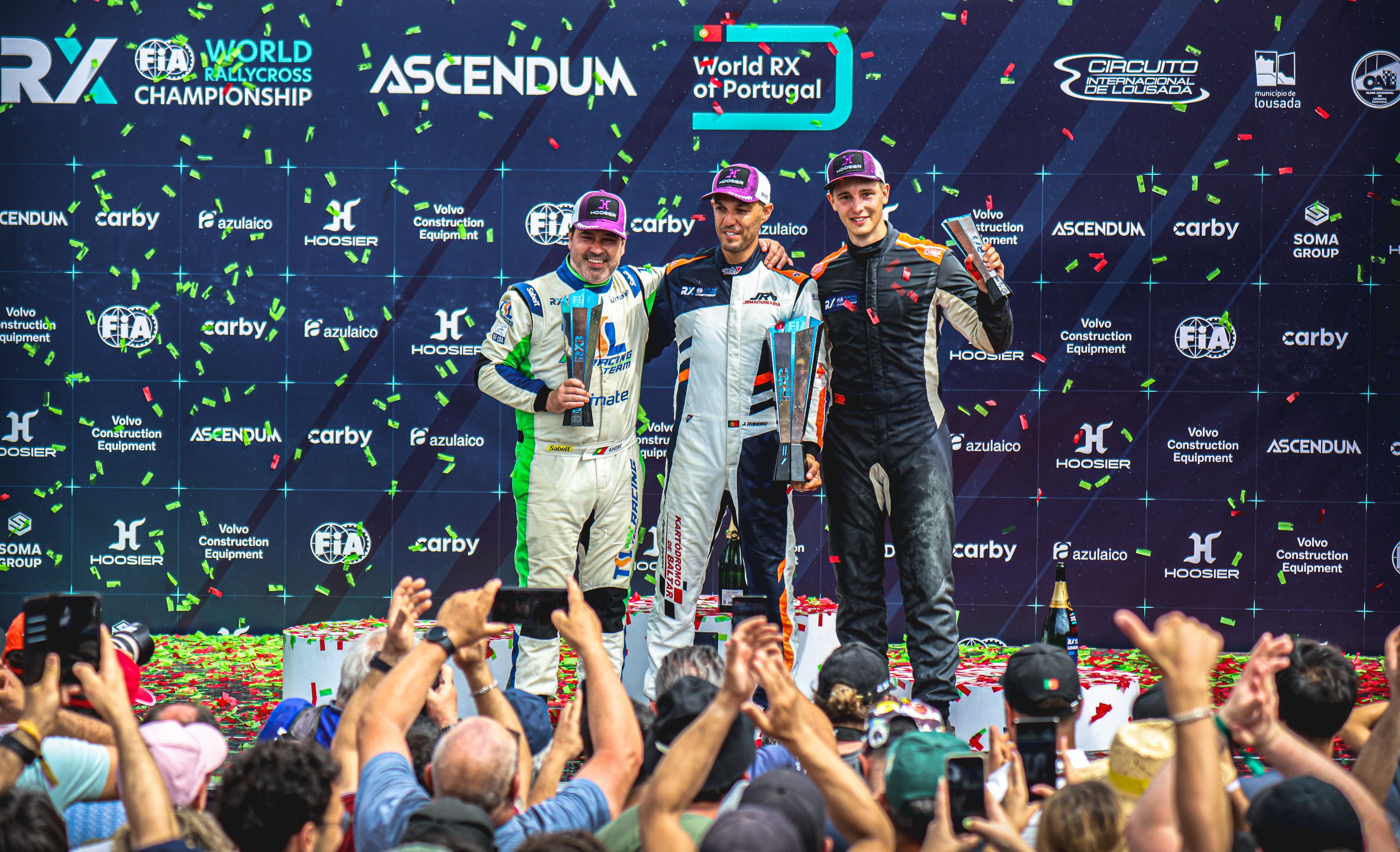 [L-R] André Sousa, João Ribeiro and Sámuel Kovács on the Euro RX3 podium at Lousada in Portugal in 2025