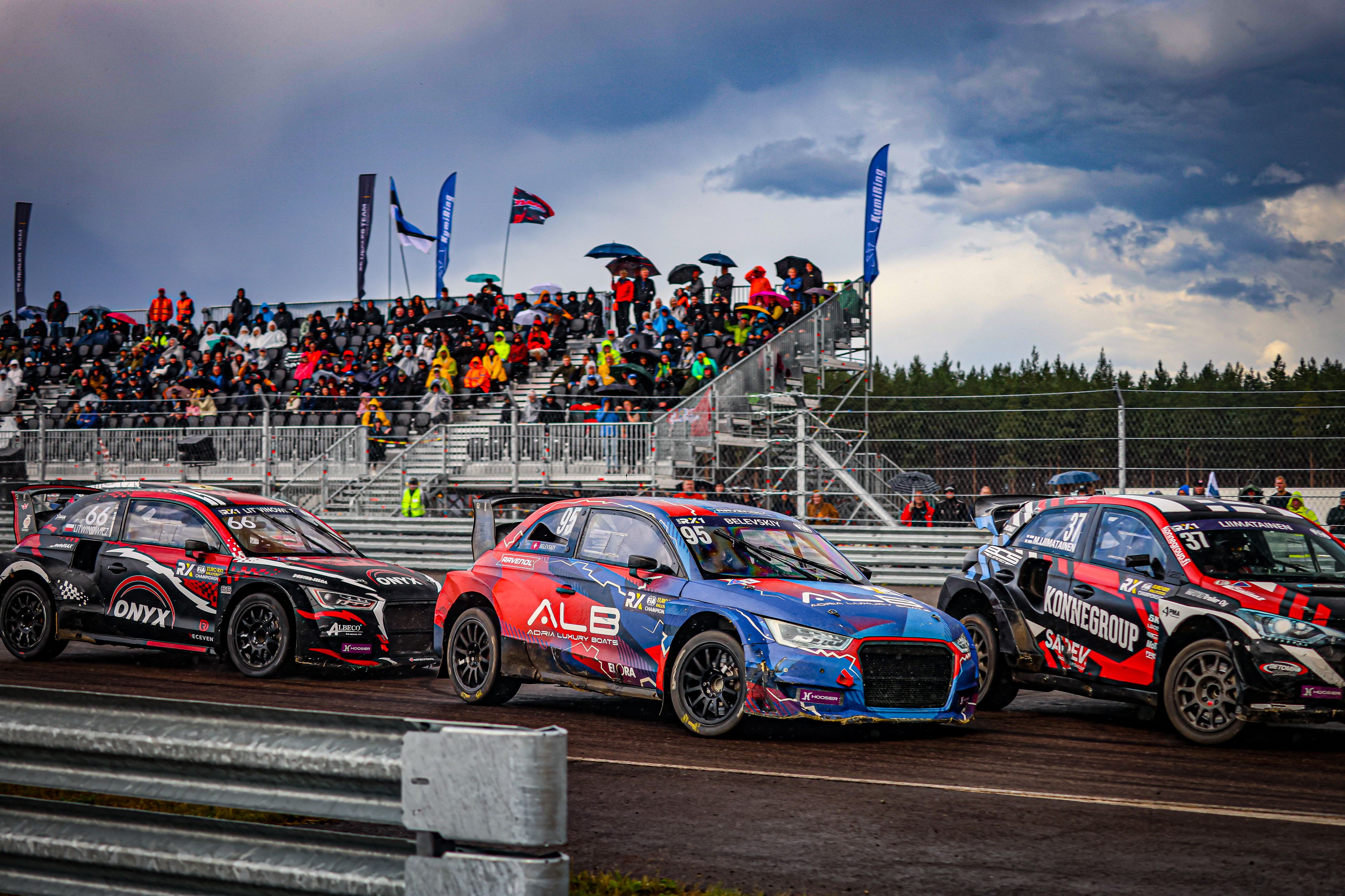 [L-R] Damian Litwinowicz, Yury Belevskiy and Mika Liimatainen locked in Euro RX1 battle at Finland's KymiRing in 2025
