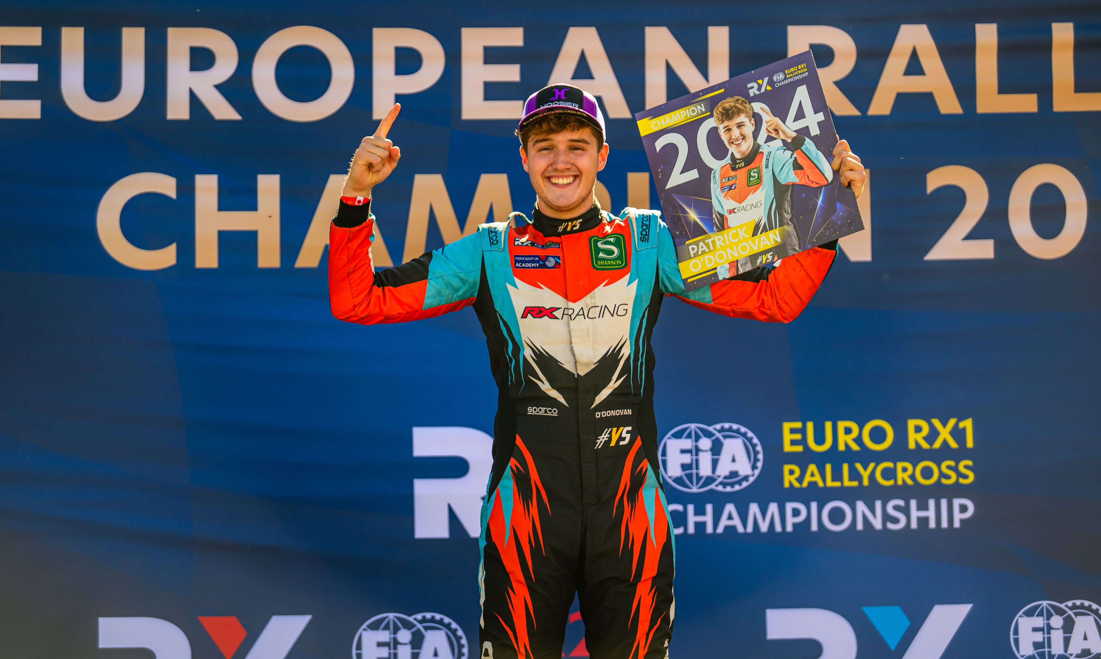 Patrick O'Donovan celebrates winning the 2024 Euro RX1 title at Montalegre in Portugal