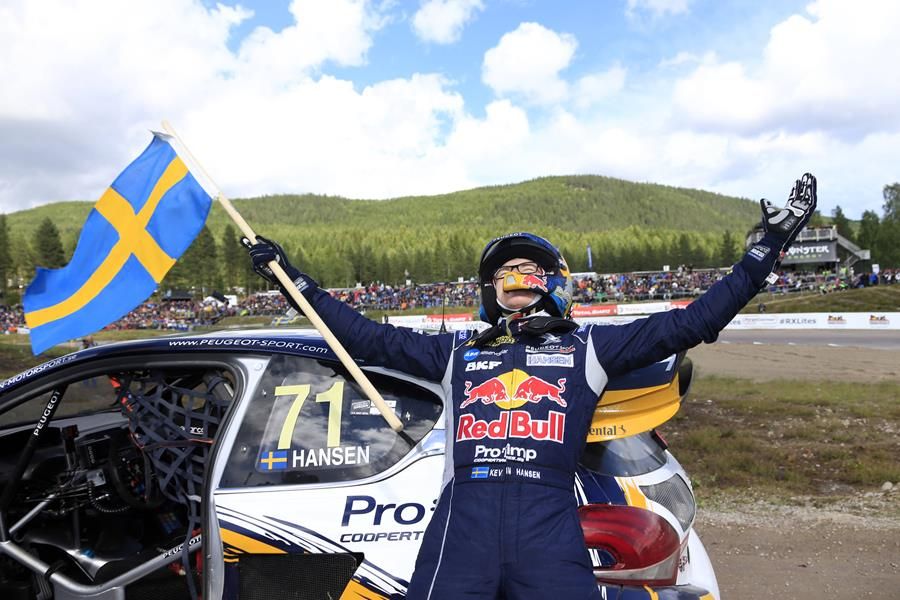 A man leans back on a car holding a flag