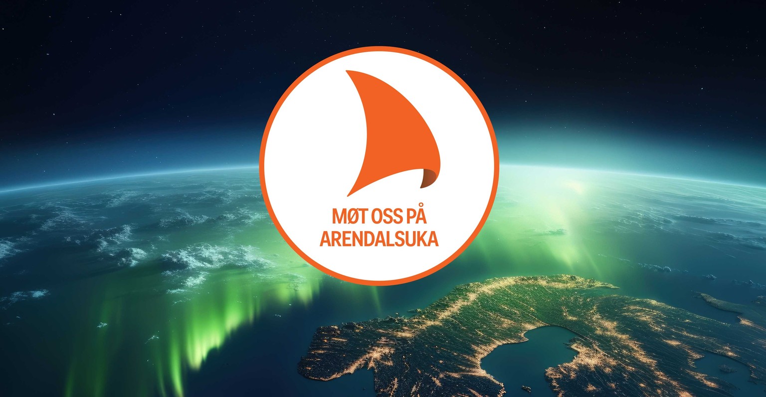Chemring Nobel, A glowing earth from space with a visible aurora, featuring a logo with an orange sail and text: "MØT OSS PÅ ARENDALSUKA."