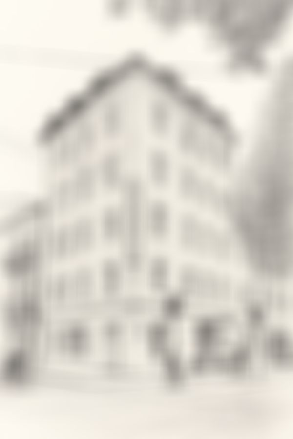 Sketch of a multi-story corner building with numerous windows, pedestrians, a cyclist, and traffic lights at an intersection.